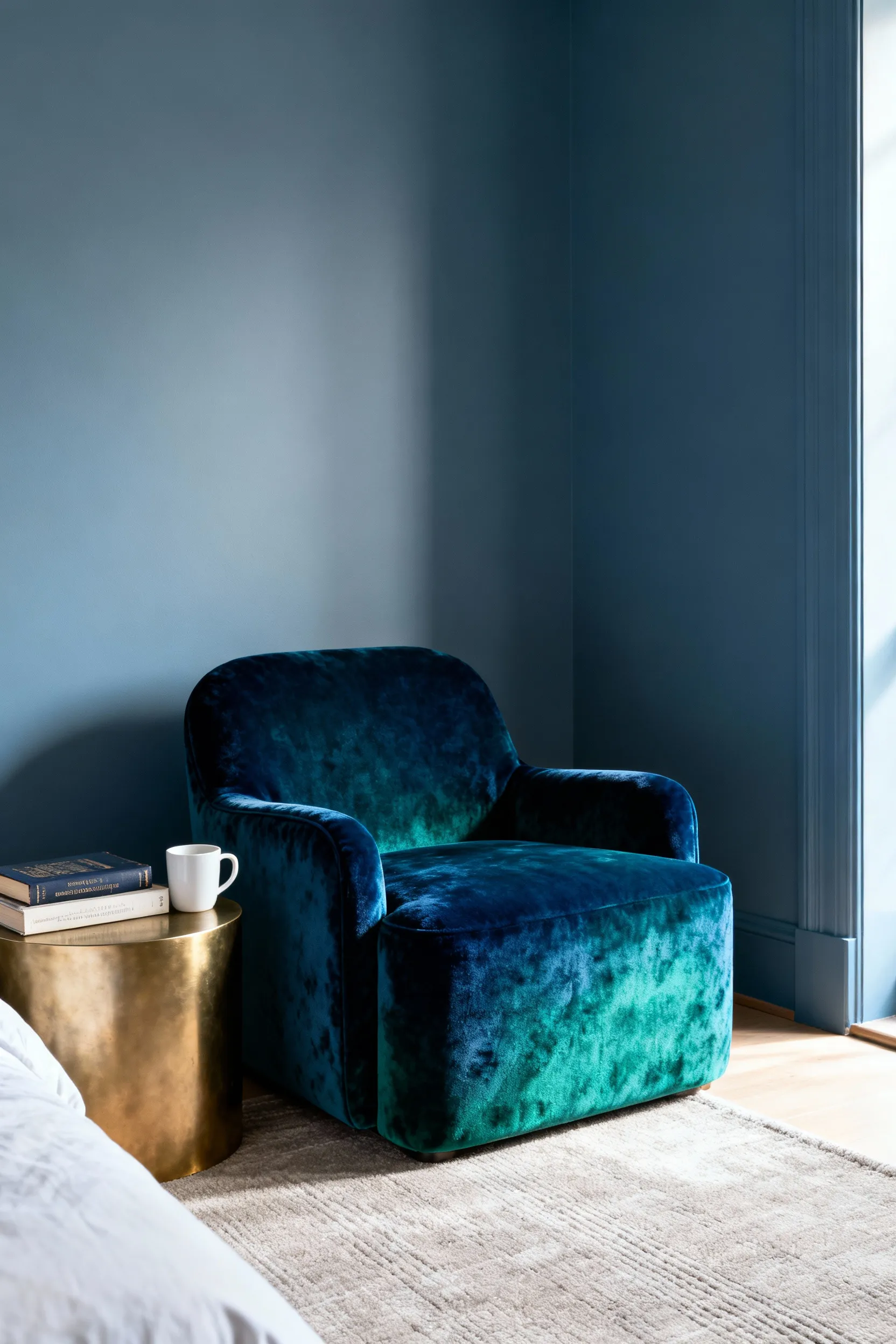 A deep teal chenille accent chair acting as a reading nook focal point within a blue and gray bedroom, showcasing its luxurious fabric texture.