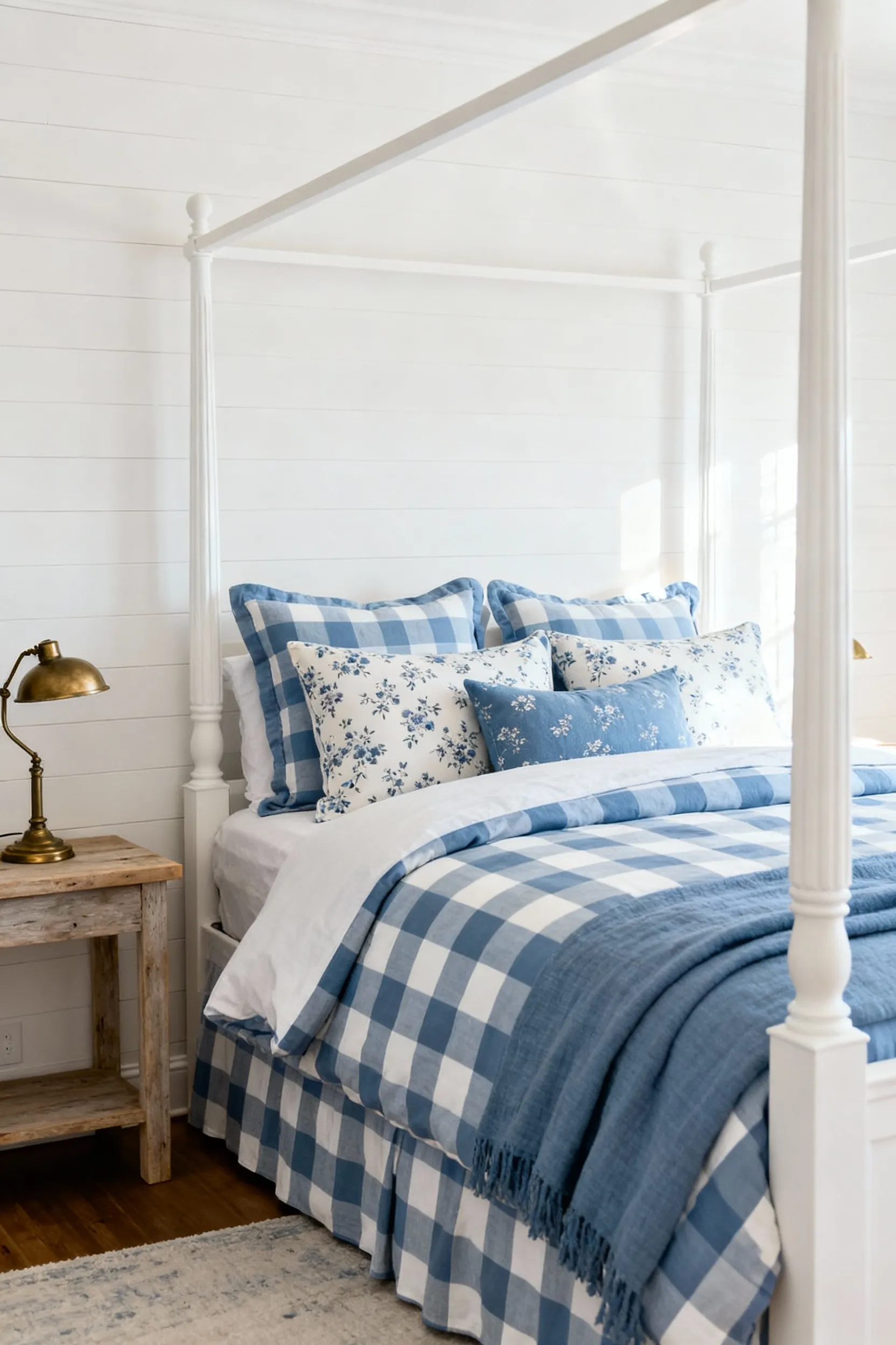 A cozy farmhouse bedroom featuring a white four-poster bed dressed in dusty cornflower blue buffalo check bedding, accented by throw pillows patterned with a matching delicate floral print, demonstrating successful pattern mixing and color cohesion.