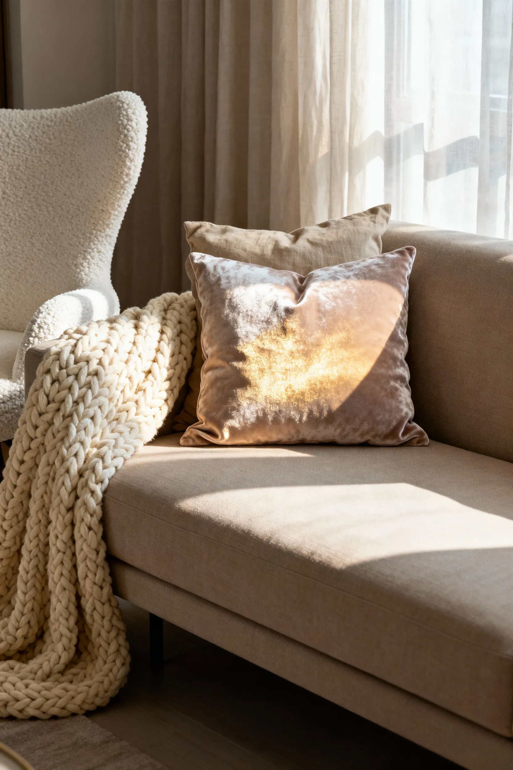 A neutral apartment living room corner showcasing layered textiles—velvet, linen, and bouclé—to create visual depth and texture variation in limited square footage.