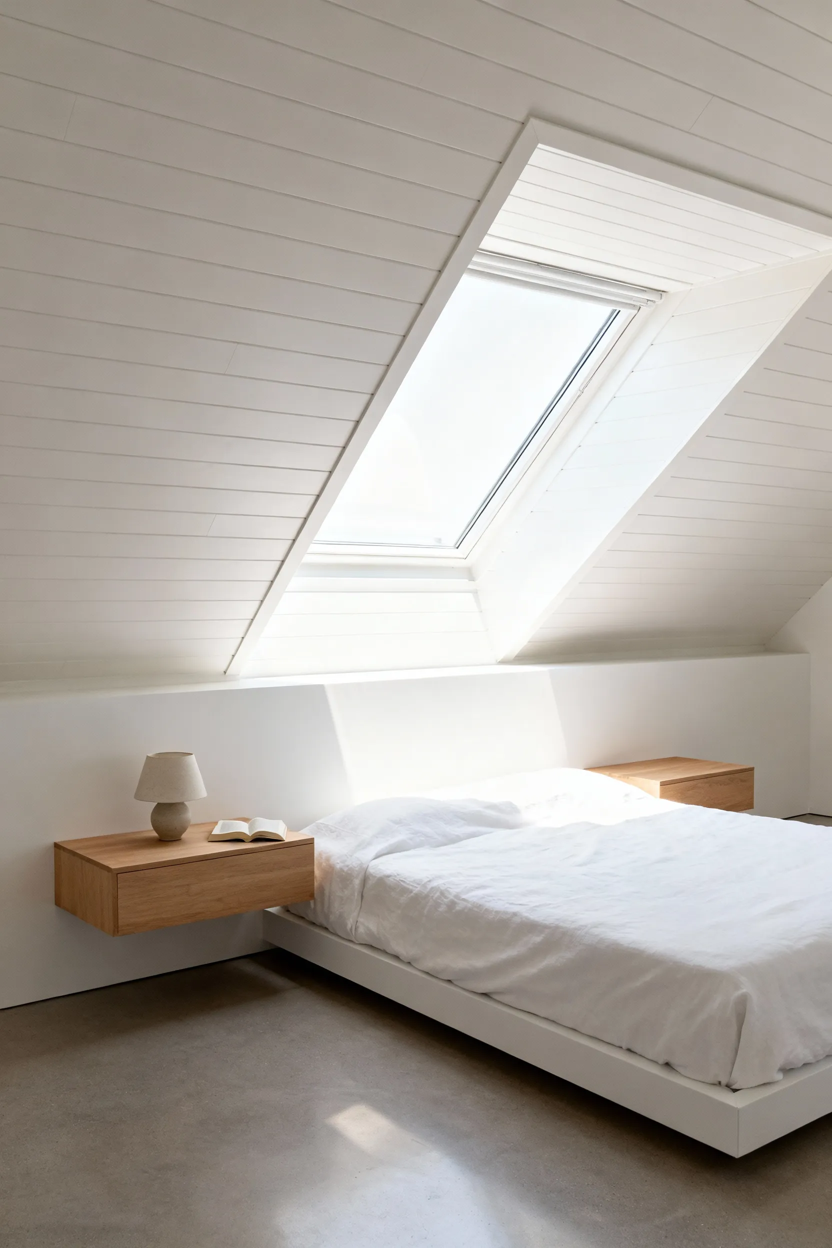 A minimalist attic bedroom featuring a queen bed placed against a low white knee wall, highlighting floating oak nightstands mounted custom-level with the mattress top to save valuable floor space.