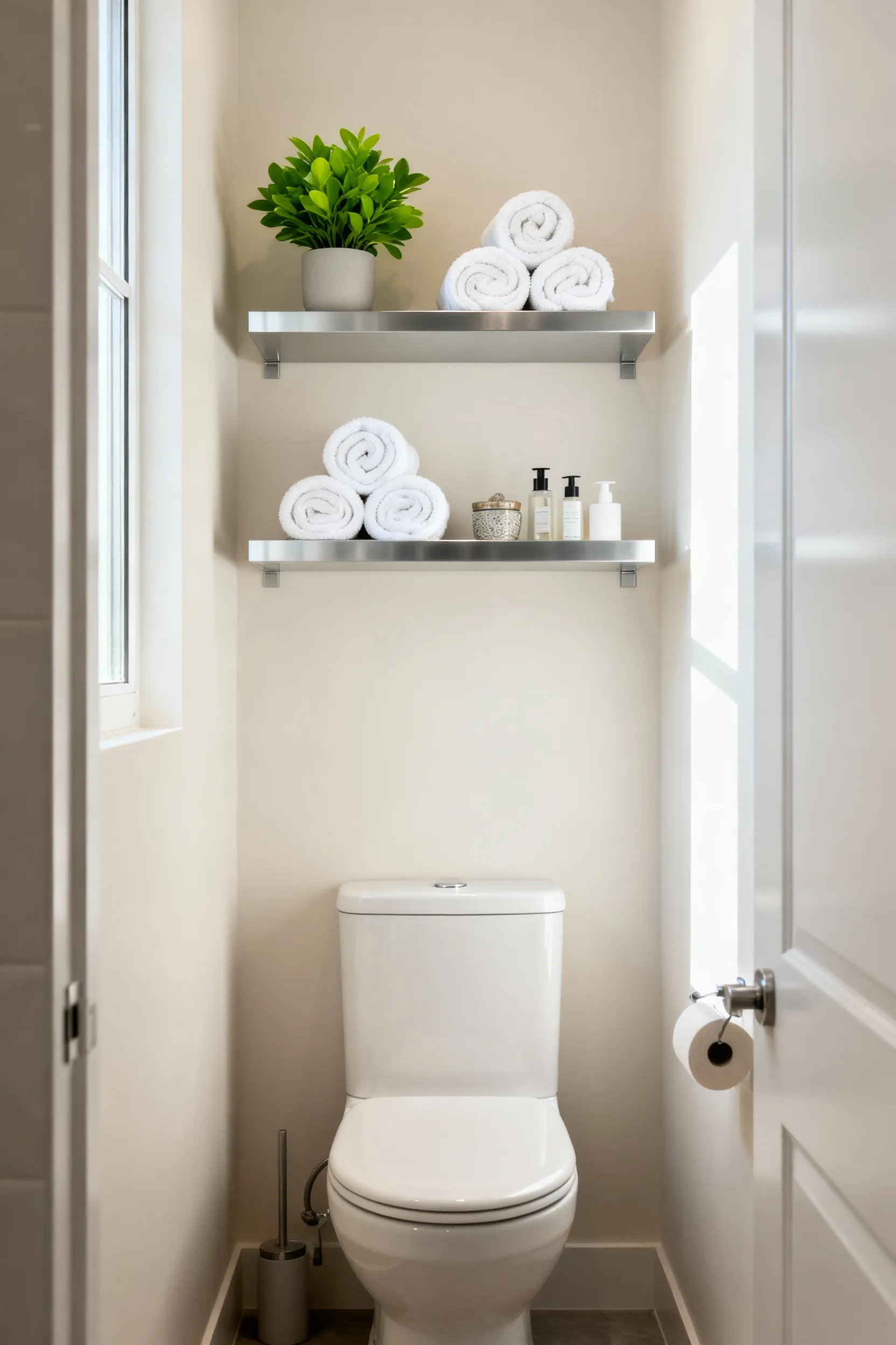 Two sleek, modern floating shelves made of light wood mounted above a toilet in a small, bright bathroom, holding rolled white towels, decorative containers for toiletries, and a small green plant.