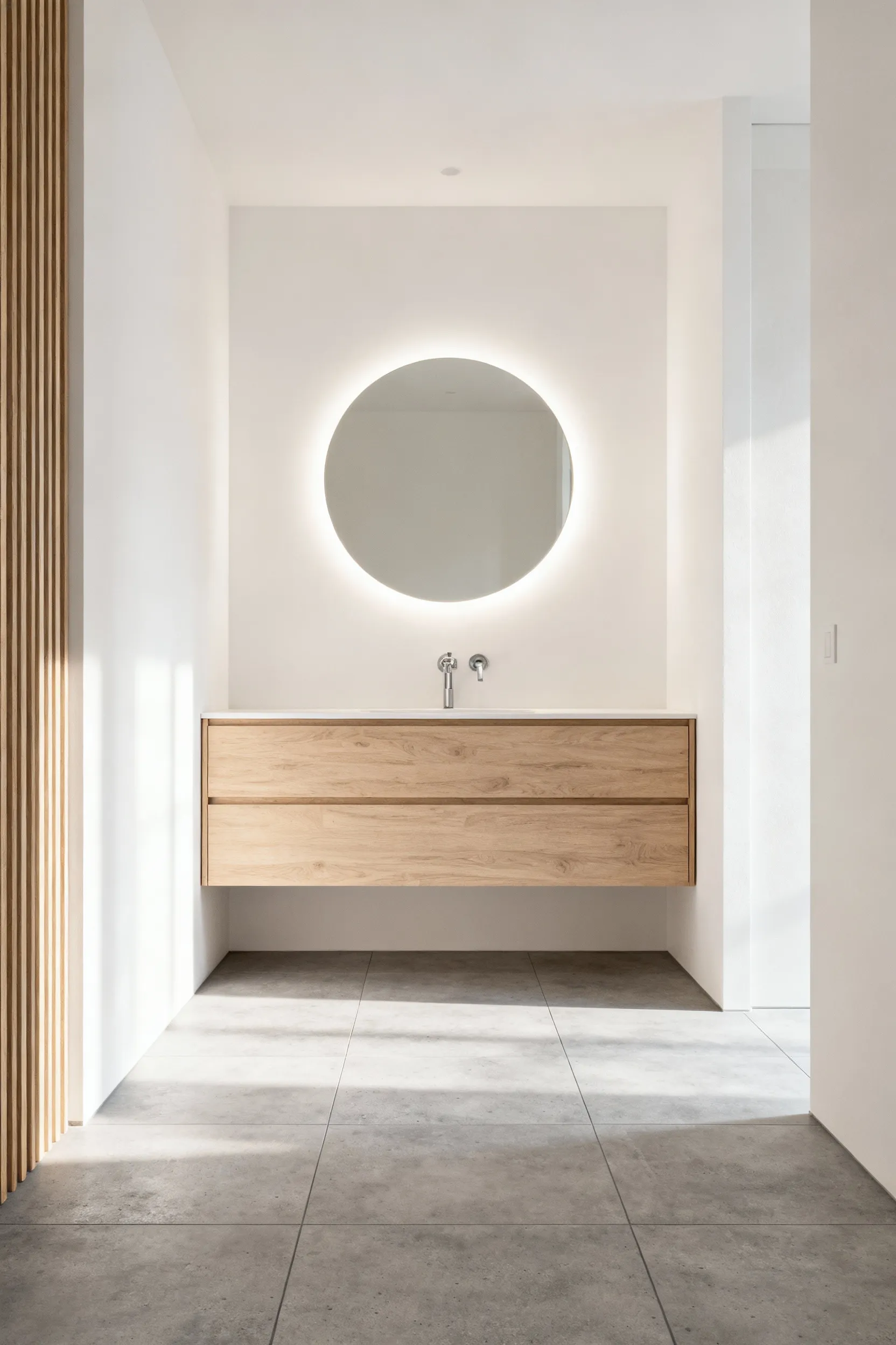 A continuous pale gray tiled floor beneath a light oak floating vanity in a small modern bathroom, demonstrating how wall-mounting fixtures increases perceived room size through an unbroken floor plane.