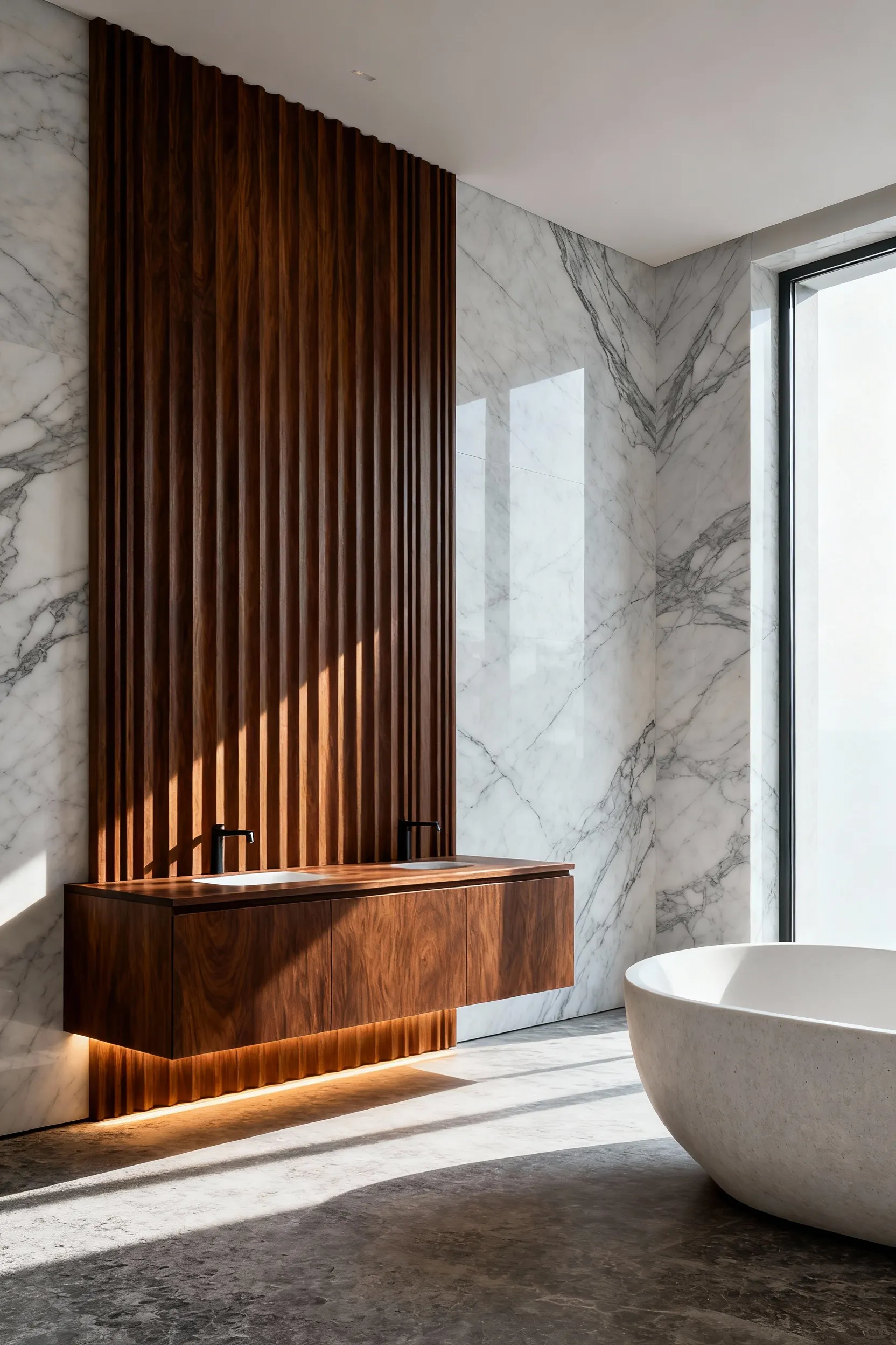 Modern bathroom featuring a fluted walnut wood vanity set against a cool Calacatta marble wall, illustrating tactile warmth offsetting sleek stone surfaces.