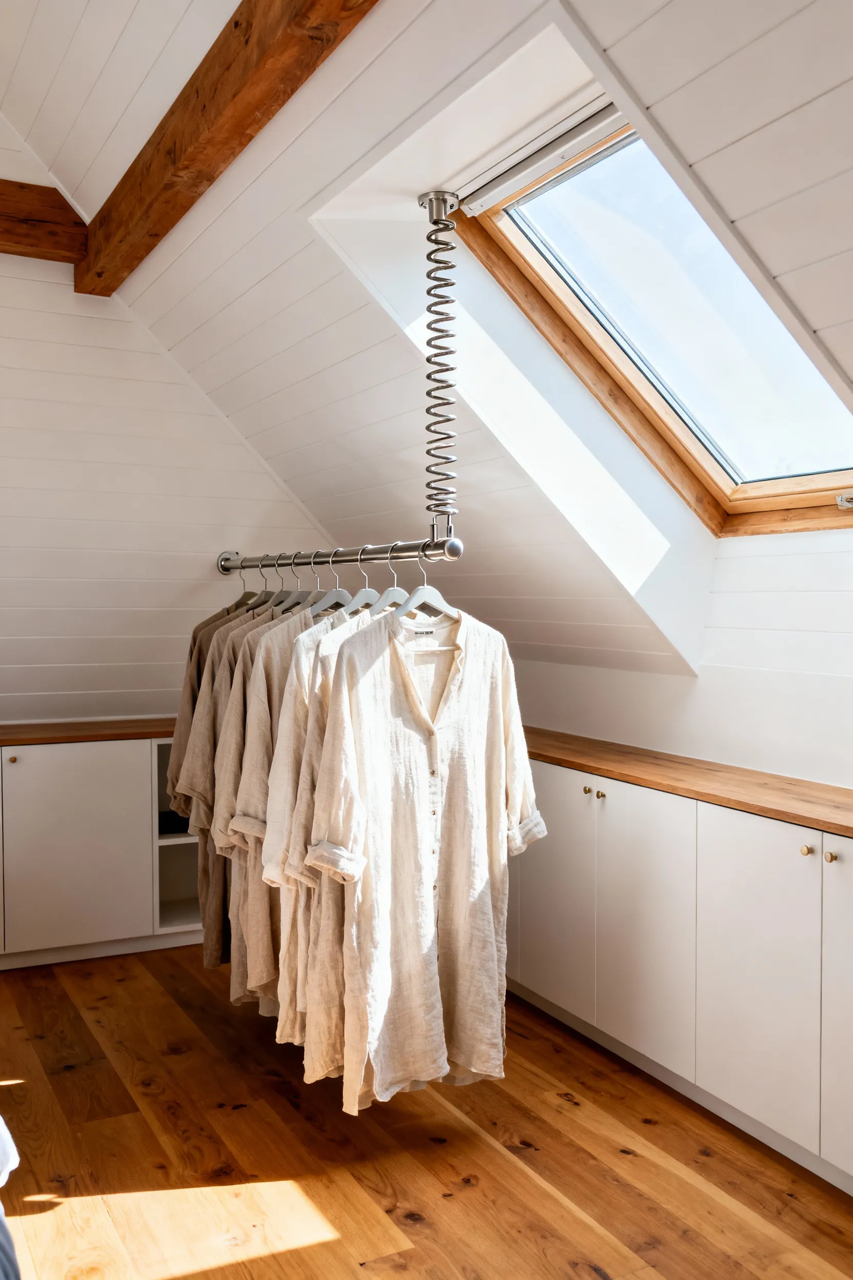 A photograph showing specialized graduated wardrobe rods installed in a custom built-in closet integrated into the low sloping eaves of a white attic bedroom, designed to prevent clothes hangers from sliding down the sharp angle.