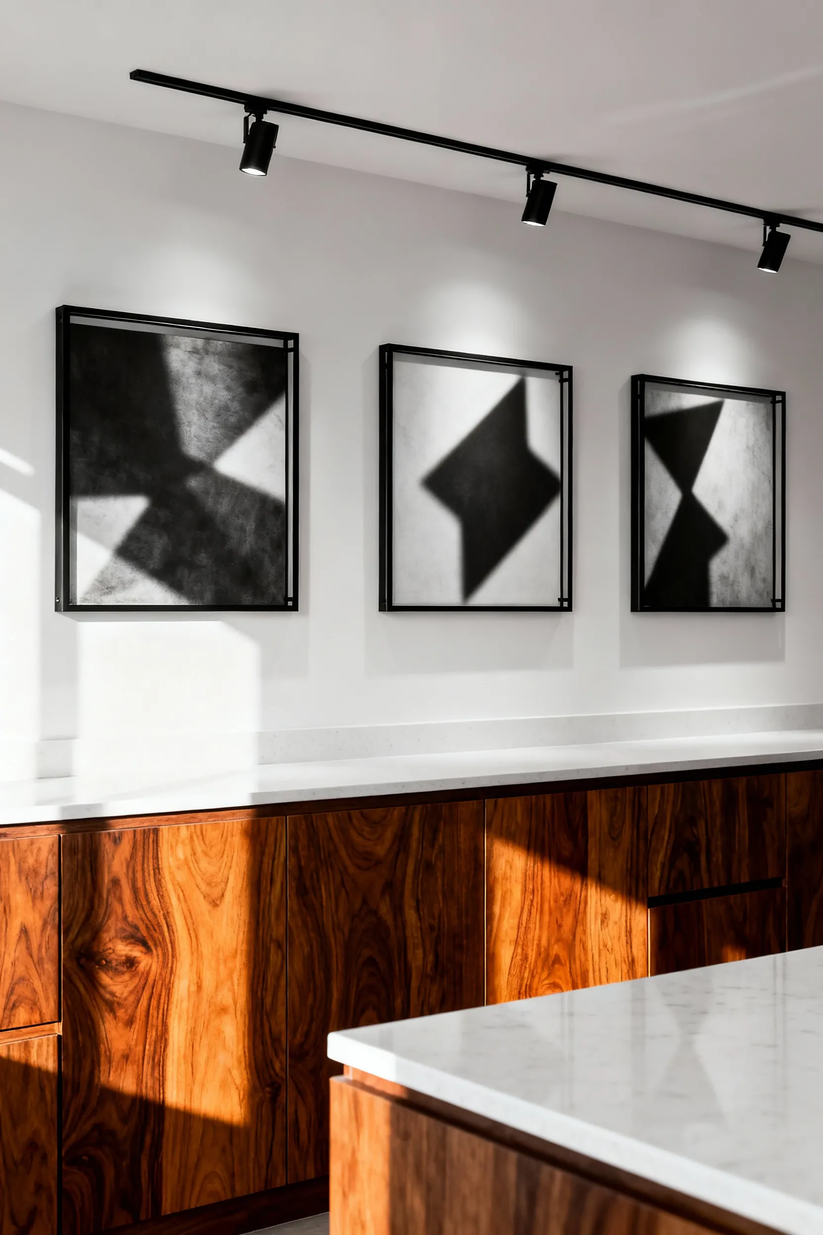 High-contrast monochromatic abstract photography displayed above warm amber-toned walnut kitchen cabinets, showcasing a blend of cool precision and organic comfort.