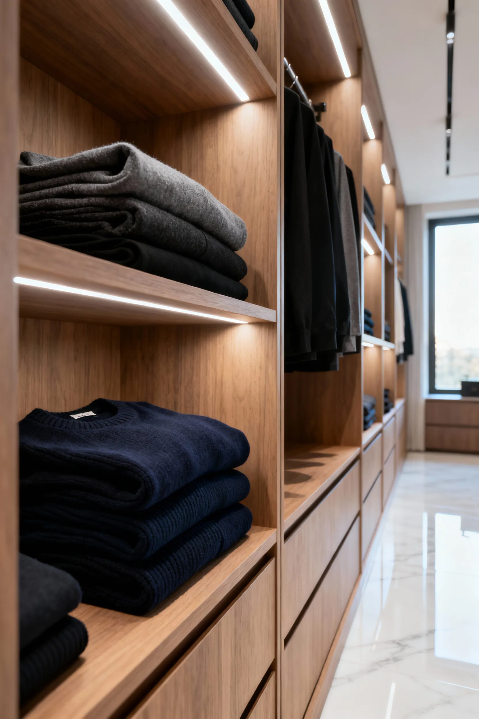 High-CRI LED strip lighting perfectly illuminates a custom walk-in closet filled with folded dark sweaters, demonstrating clear color separation between navy and black garments.