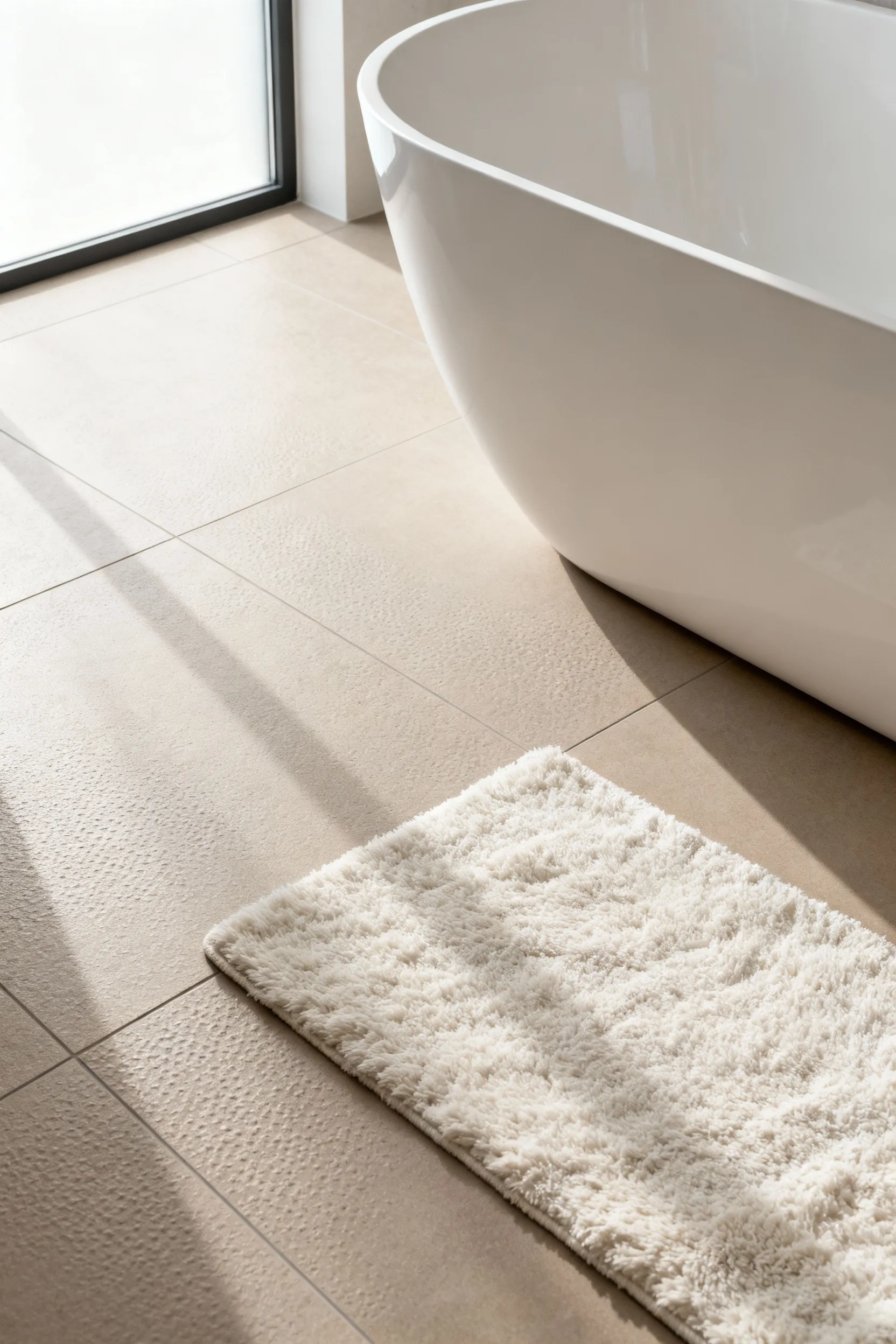 Architectural photograph of large format matte taupe porcelain bathroom tile exhibiting subtle micro-texture for a balance of grip and sensory softness, viewed beside a freestanding white soaking tub.