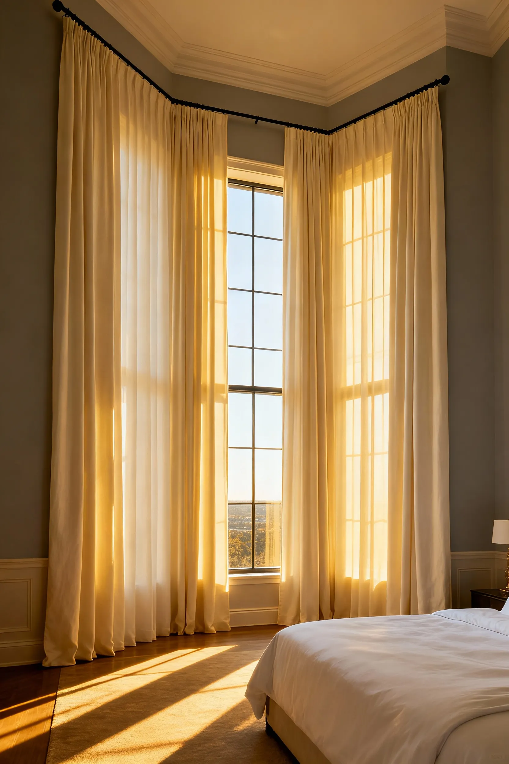 A bright, minimalist bedroom interior where floor-to-ceiling curtains are mounted high near the ceiling to visually increase the height of the walls and maximize natural light exposure.