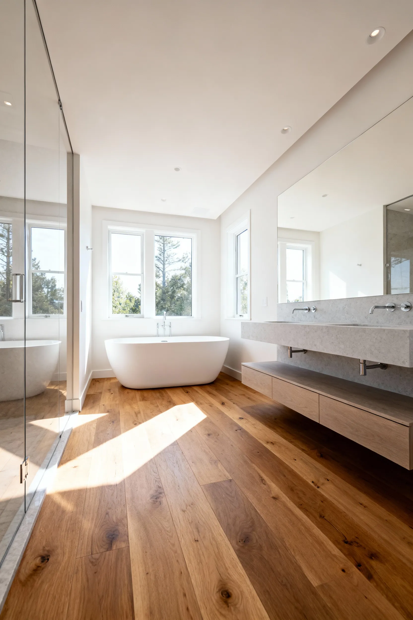 A wide-angle view of a modern spa bathroom featuring continuous wide-plank, medium-brown engineered wood flooring installed around a freestanding tub and floating vanity, demonstrating moisture resilience.