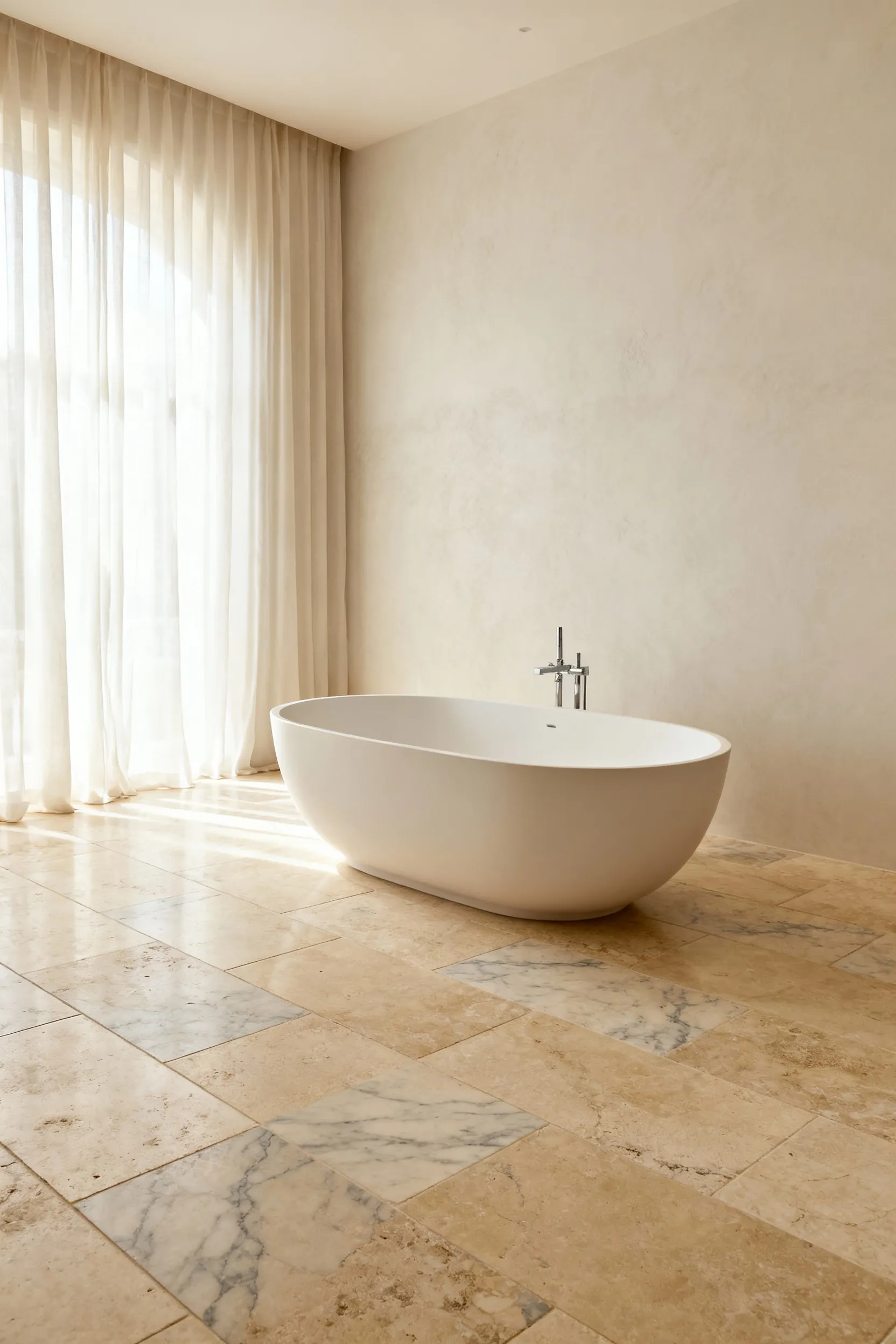 Honed cream marble bathroom floor in a quiet luxury spa design featuring a white soaking tub and floating wooden vanity.