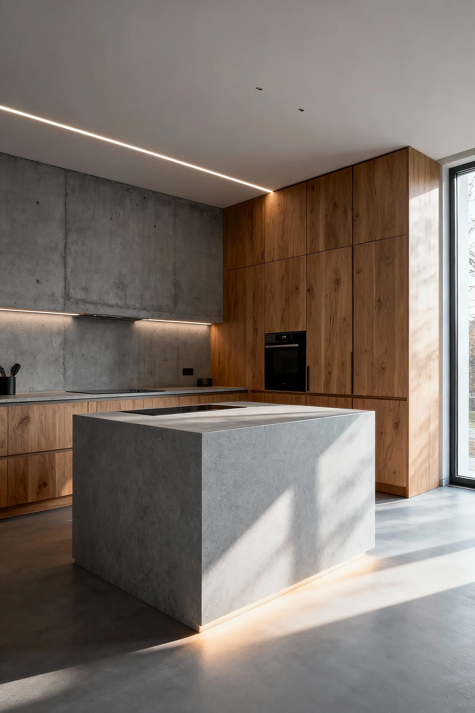 Scandinavian kitchen featuring a honed light grey stone island countertop, raw concrete backsplash, and natural ash wood cabinetry under soft LED lighting.