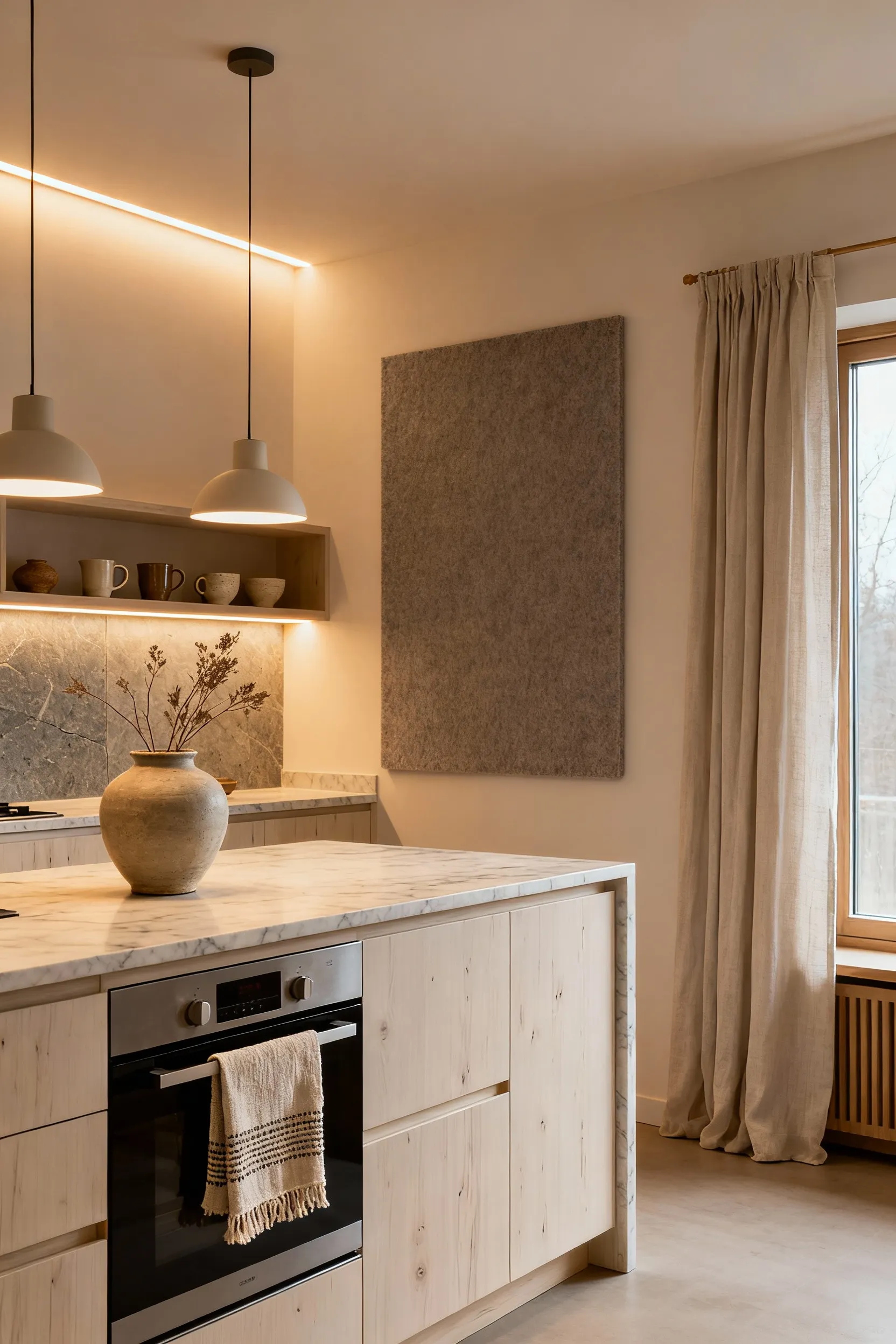 A cozy Scandinavian kitchen design, showcasing Hygge with warm wooden cabinetry, honed marble countertops, tactile ceramics, soft diffused lighting, and natural linen textiles for multisensory comfort.
