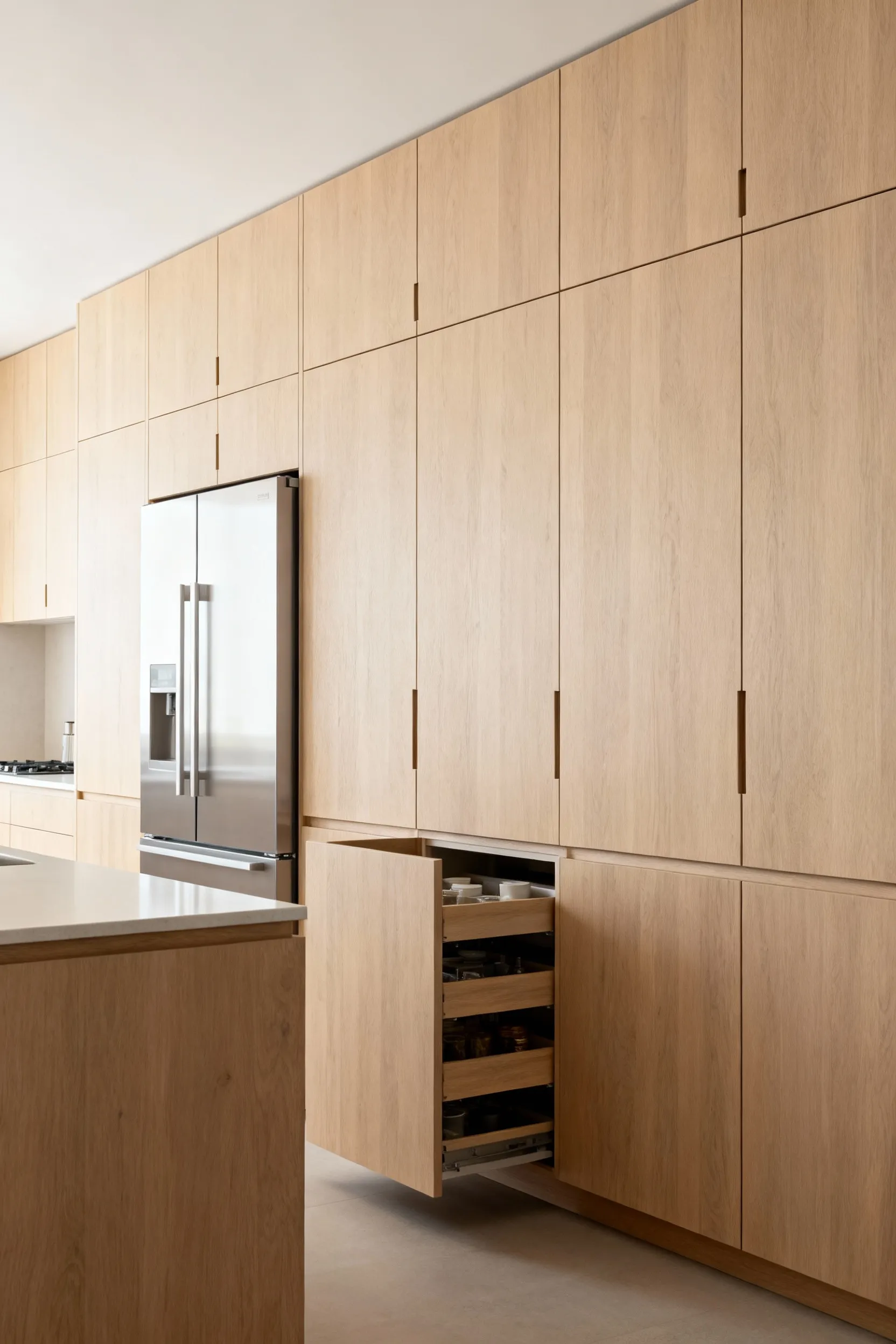 A bright, minimalist Scandinavian kitchen featuring a continuous wall of floor-to-ceiling light ash wood cabinetry with fully integrated, handle-free storage and concealed appliances, leading to an impeccably clean and pristine countertop. No visible clutter.