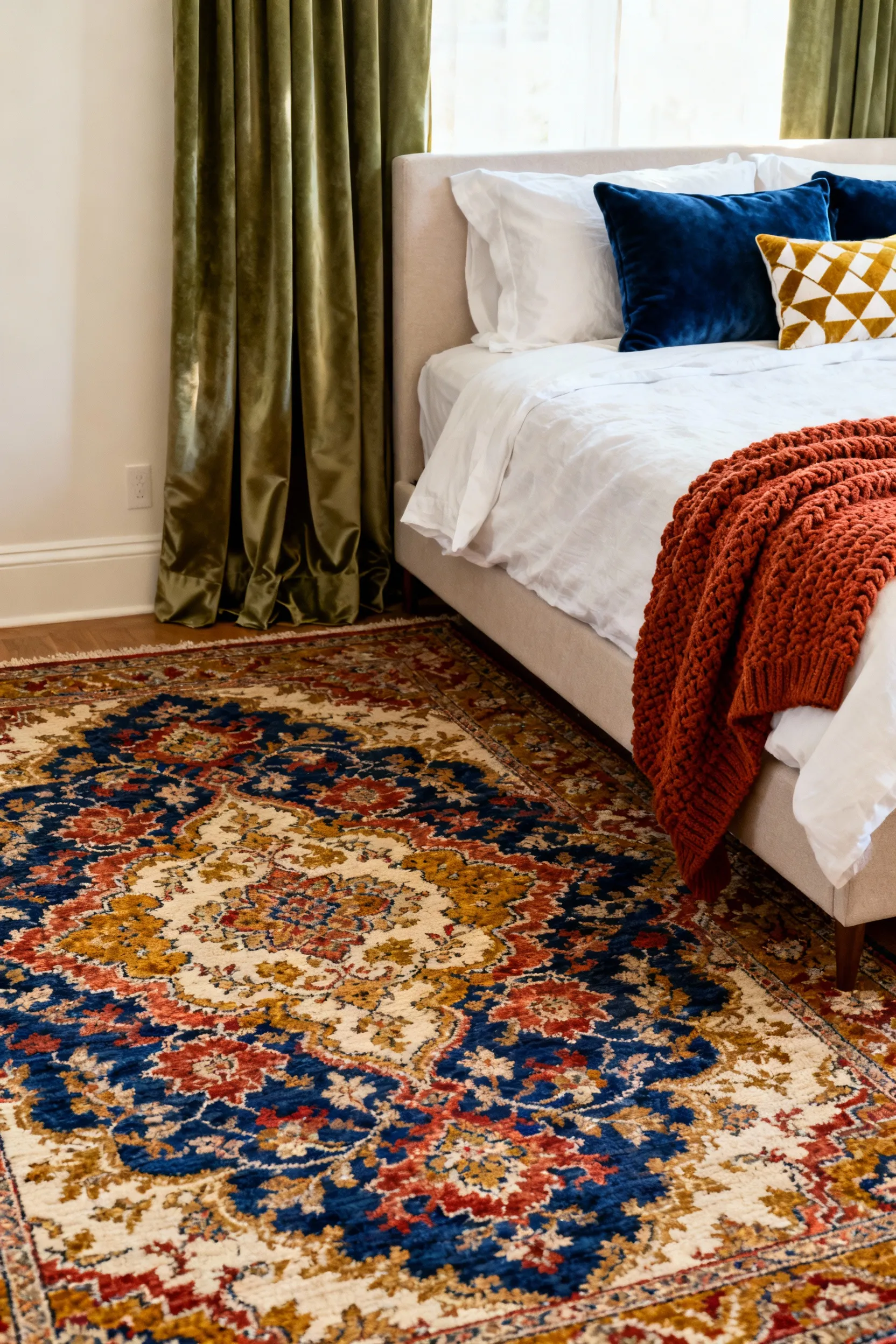 A sophisticated bedroom design anchored by a large, intricate vintage Persian rug featuring sapphire and terracotta tones, with bedding and drapes intentionally coordinating colors pulled directly from the rug.