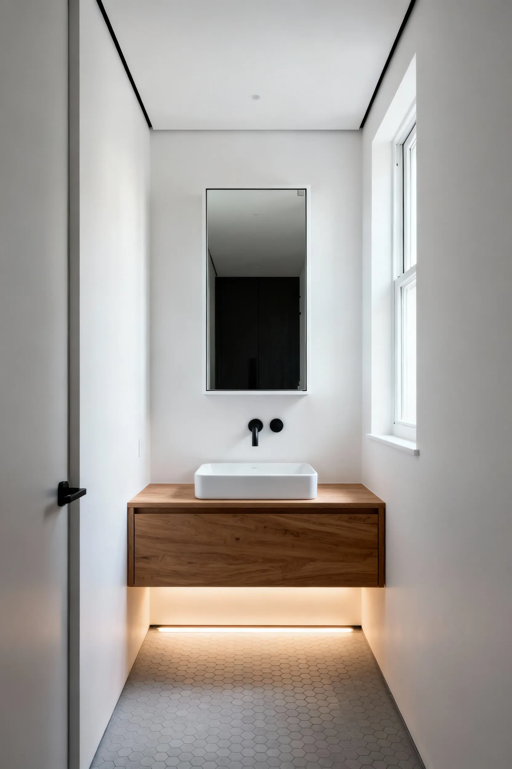 A photograph of a modern, small bathroom showing a large, frameless recessed medicine cabinet that sits completely flush against the white wall above a floating wood vanity.