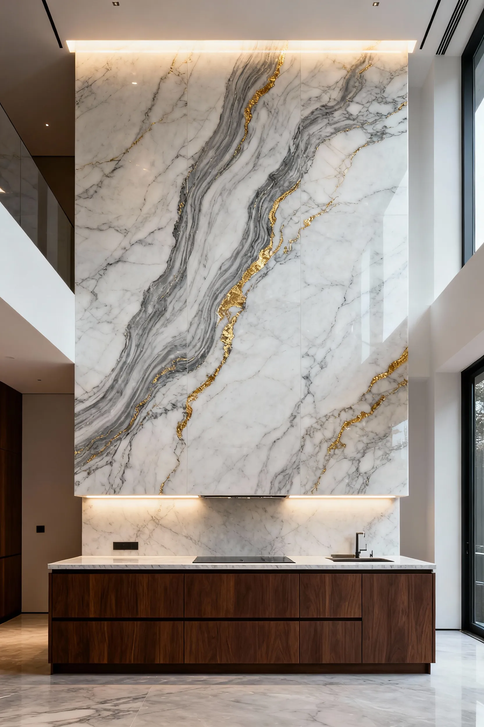 Seamless, counter-to-ceiling Statuario marble slab used as a monolithic feature wall and backsplash in a luxurious, modern kitchen design.