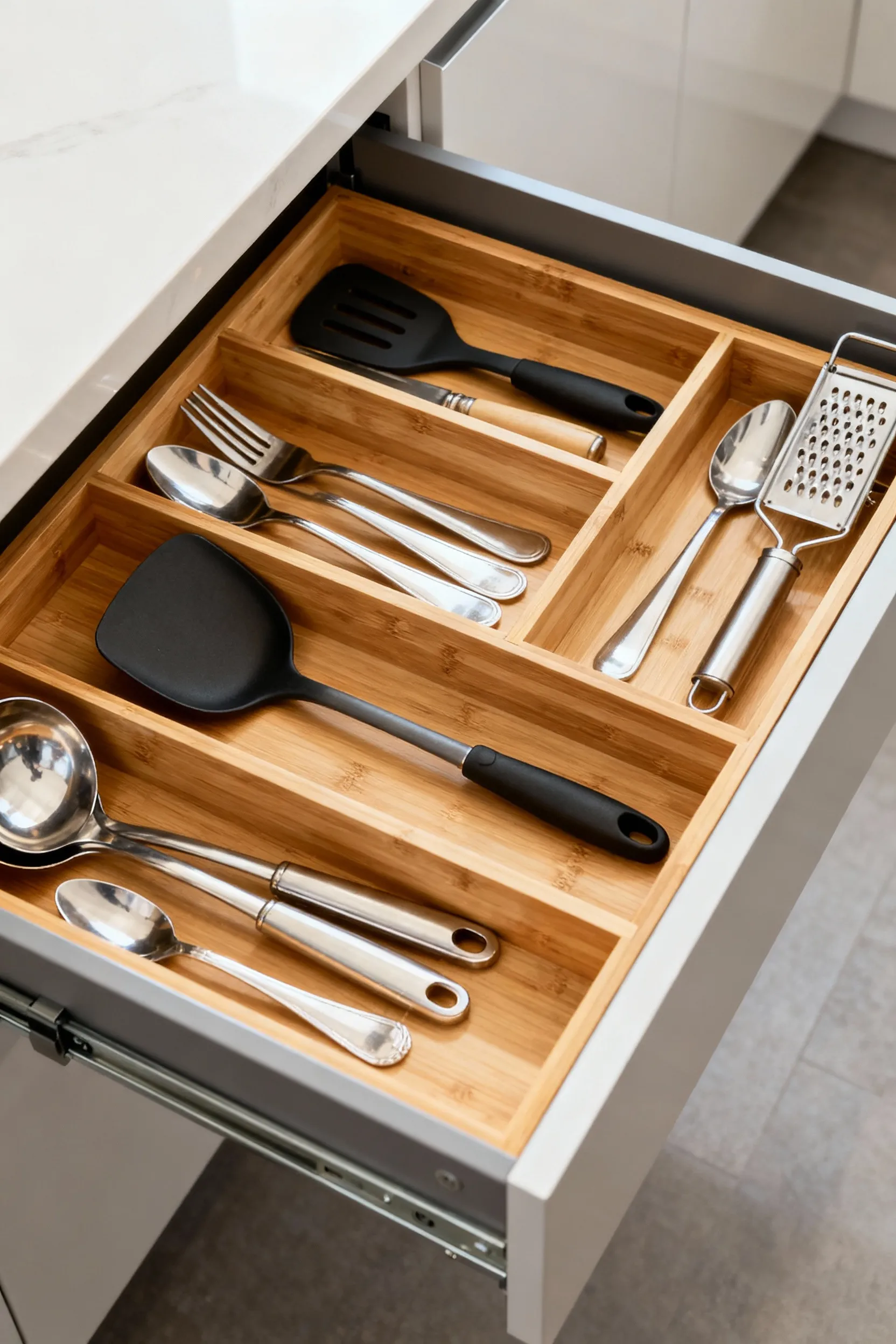 Close-up of a meticulously organized kitchen drawer featuring natural bamboo dividers, perfectly categorizing flatware, cooking utensils, and small gadgets within a modern kitchen setting.