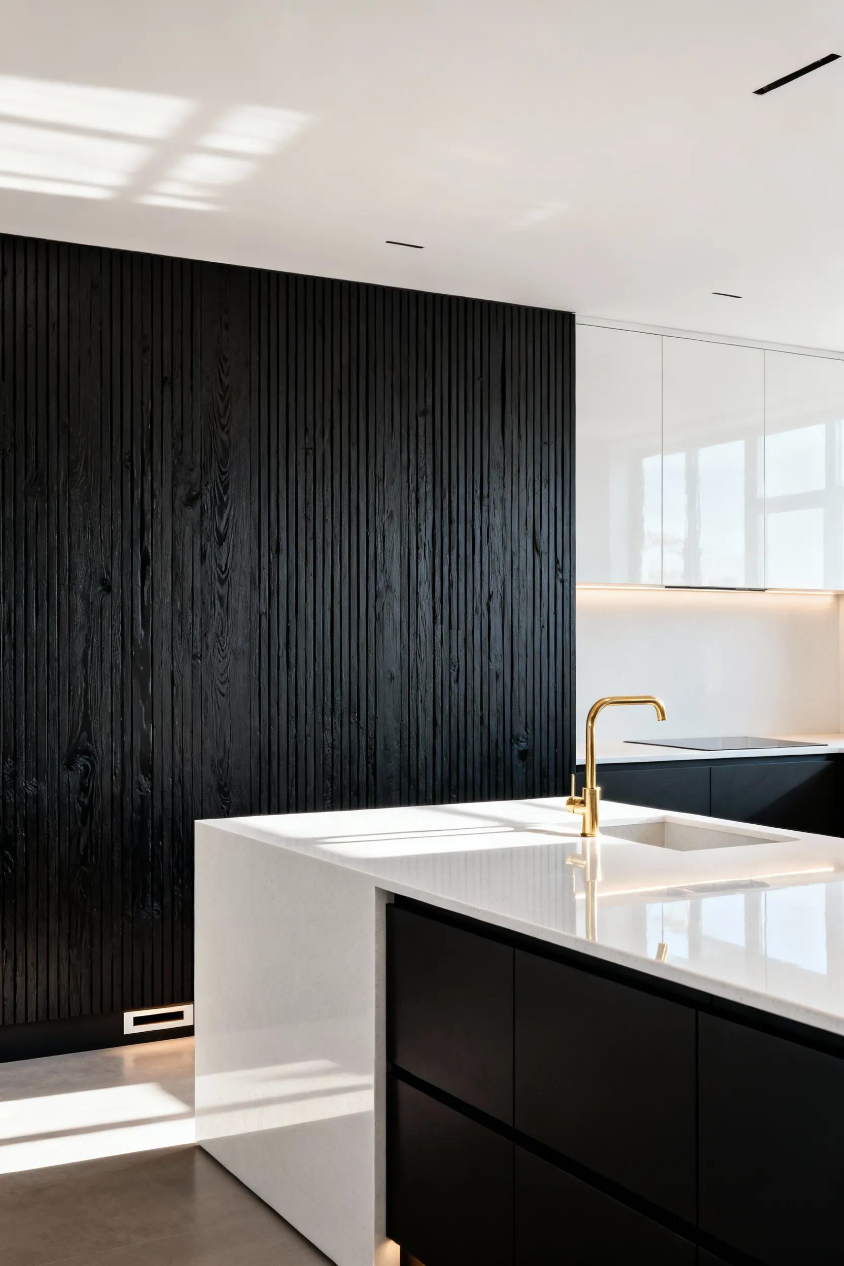 A luxury modern kitchen showcasing advanced material contrast, featuring a rough, dark hand-painted oak feature wall set against a sleek, polished white Silestone kitchen island under dramatic lighting.