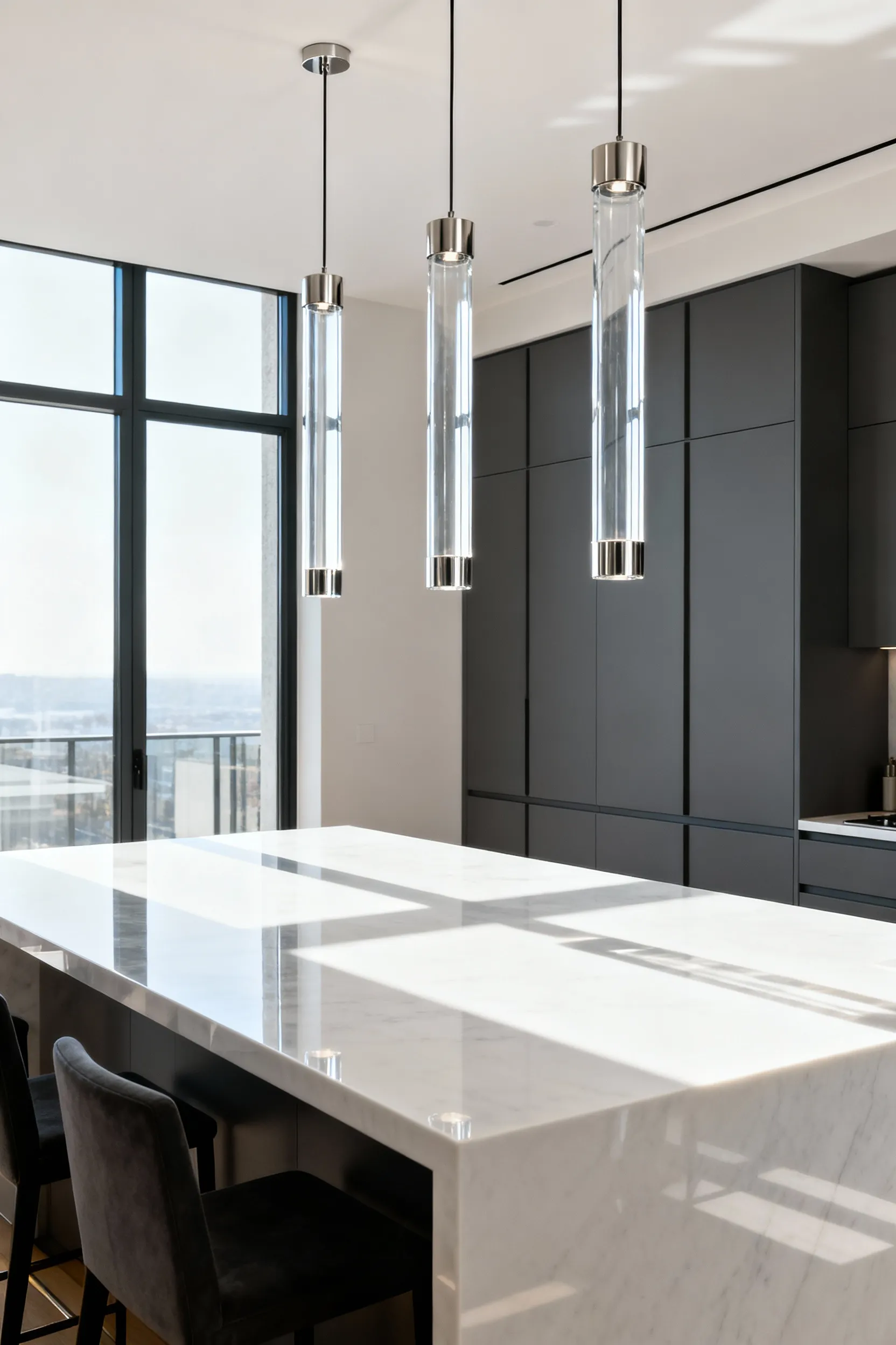 Three sleek, cylindrical clear glass and brushed nickel pendant lights hanging over a modern kitchen island, illustrating easy-to-clean, non-porous lighting fixtures designed to resist kitchen grease and dust.