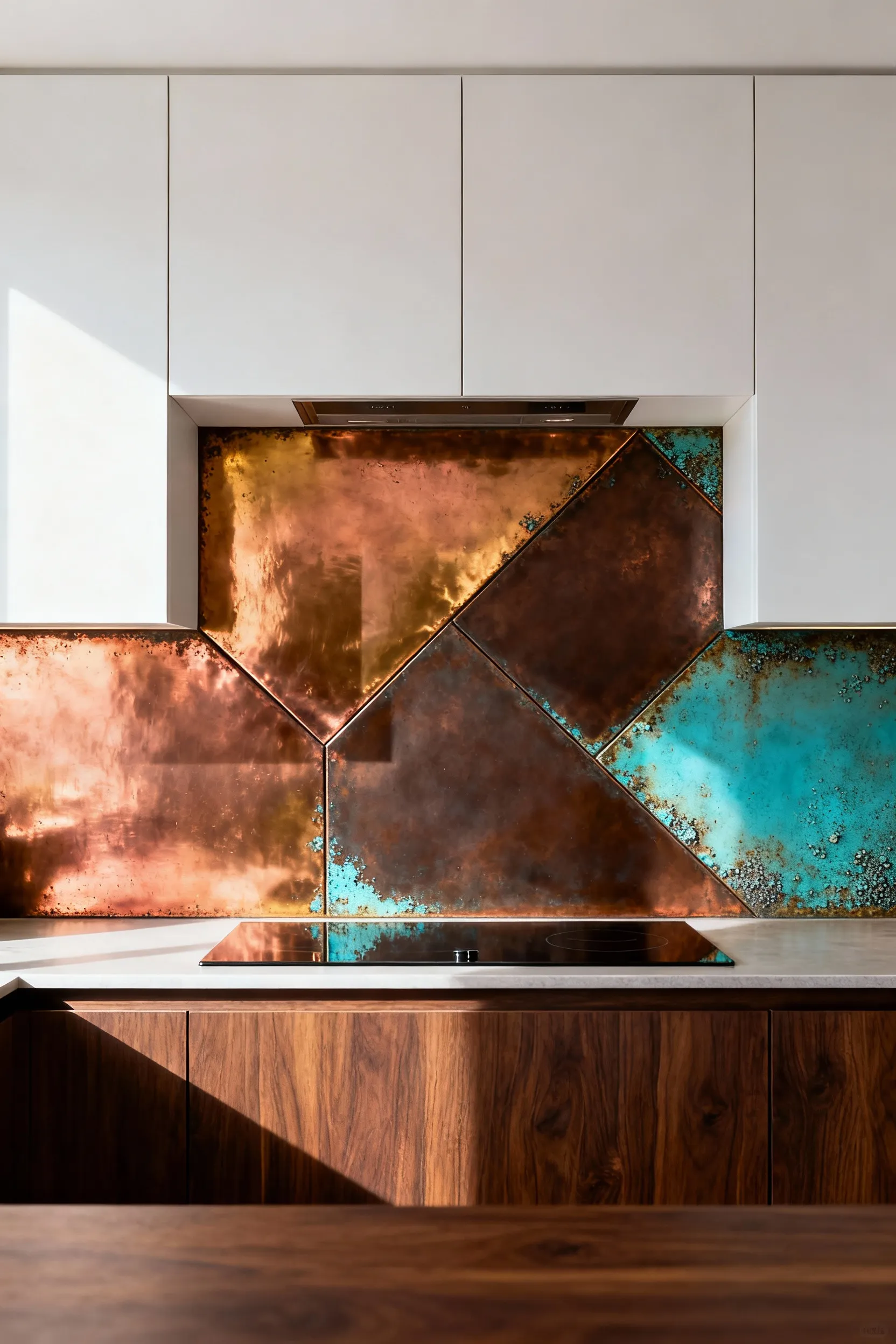 A modern kitchen wall featuring decorative copper panels that illustrate the three stages of oxidation: bright reddish-gold, deep brown, and turquoise verdigris patina.