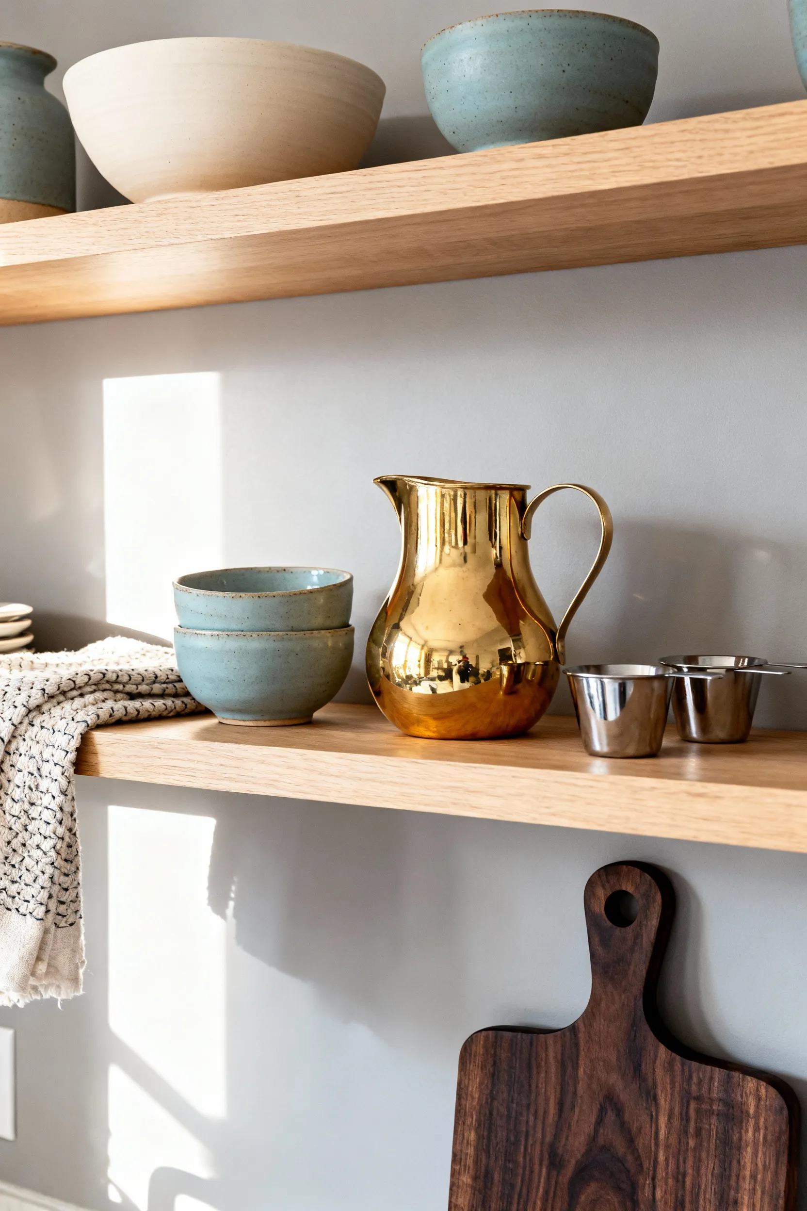 Open kitchen shelving styled with ceramic pottery and polished brass accents demonstrating texture layering, a popular kitchen wall decor idea.