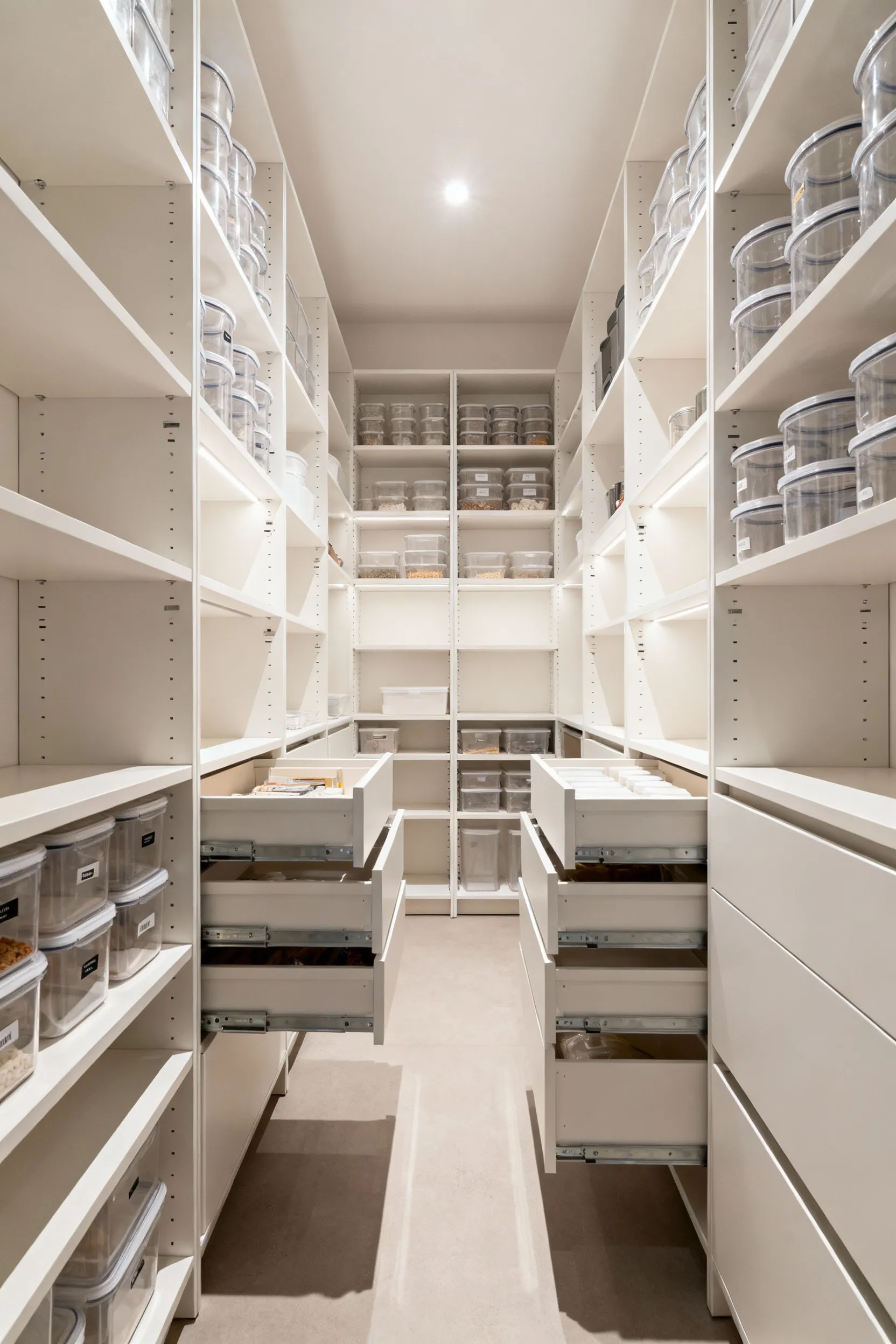 A pristine, modern kitchen pantry with adaptable, modular shelving and clear stackable bins, illustrating a strategic kitchen storage master plan for future needs.
