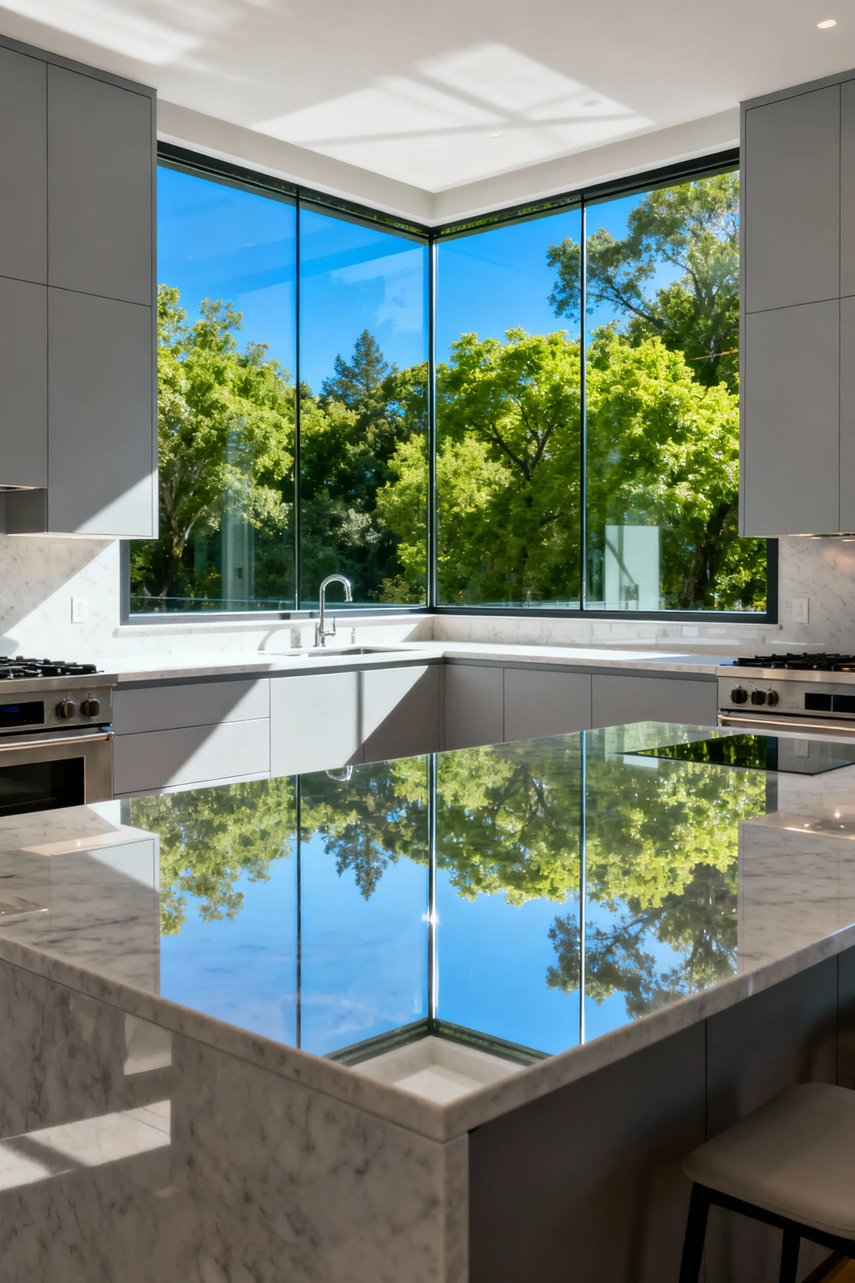 Modern kitchen with a seamless mirror backsplash reflecting an outdoor view of green trees and blue sky, maximizing spatial perception and light amplification.