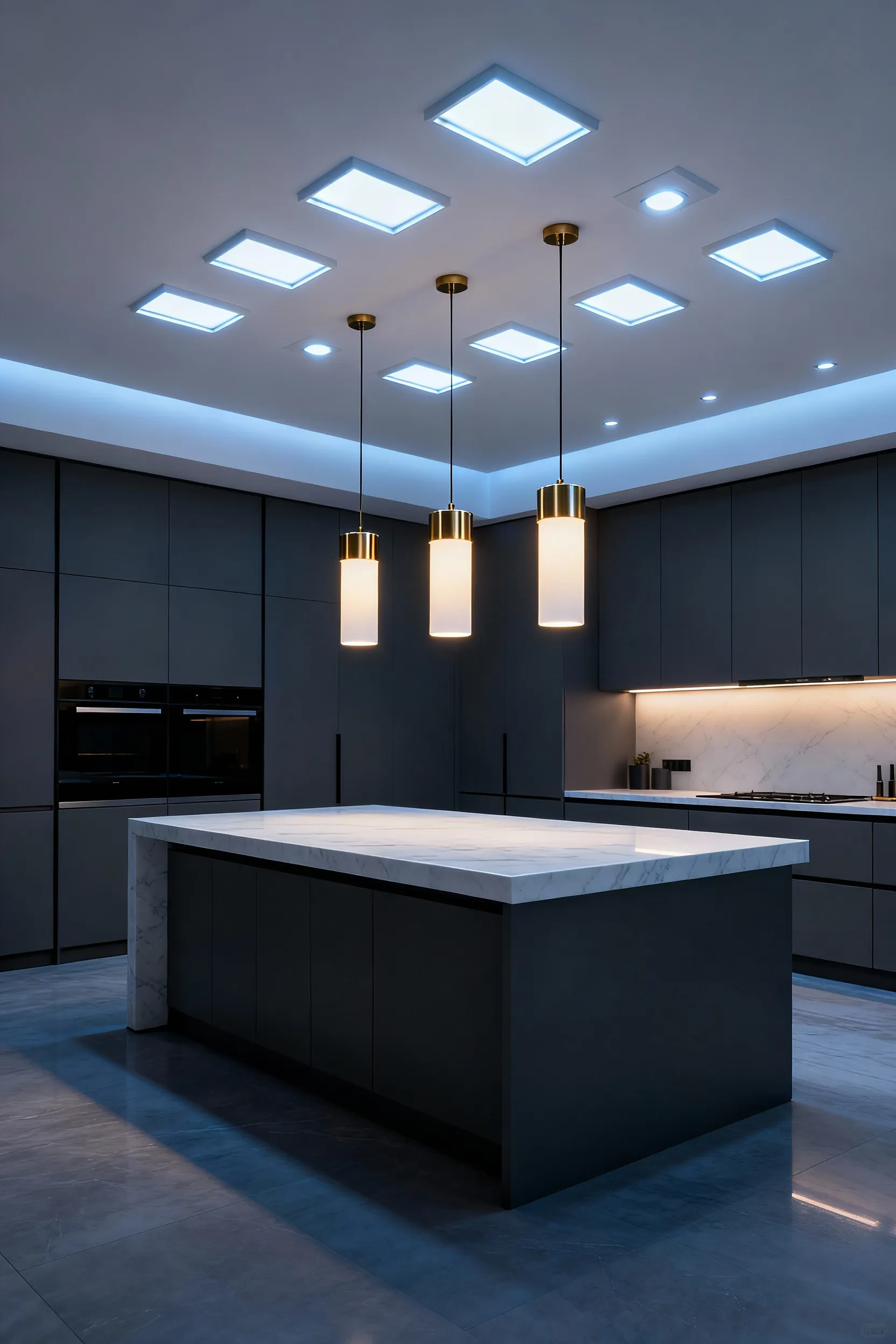 A modern kitchen demonstrating a layered lighting plan, featuring three warm decorative brass pendants over the island and cool minimal 4-inch wafer recessed lights providing surrounding ambient support.