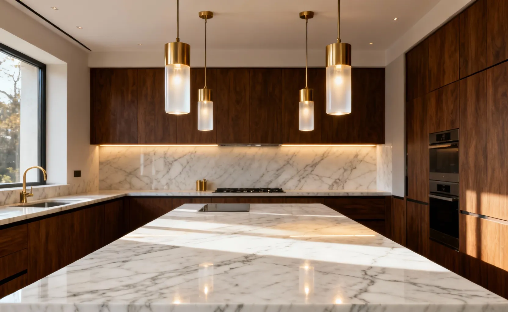 Architectural photography showing three cylindrical brass and frosted glass pendant lights perfectly spaced over a long white marble kitchen island, illustrating proportional fixture placement with a defined inset from the edges.