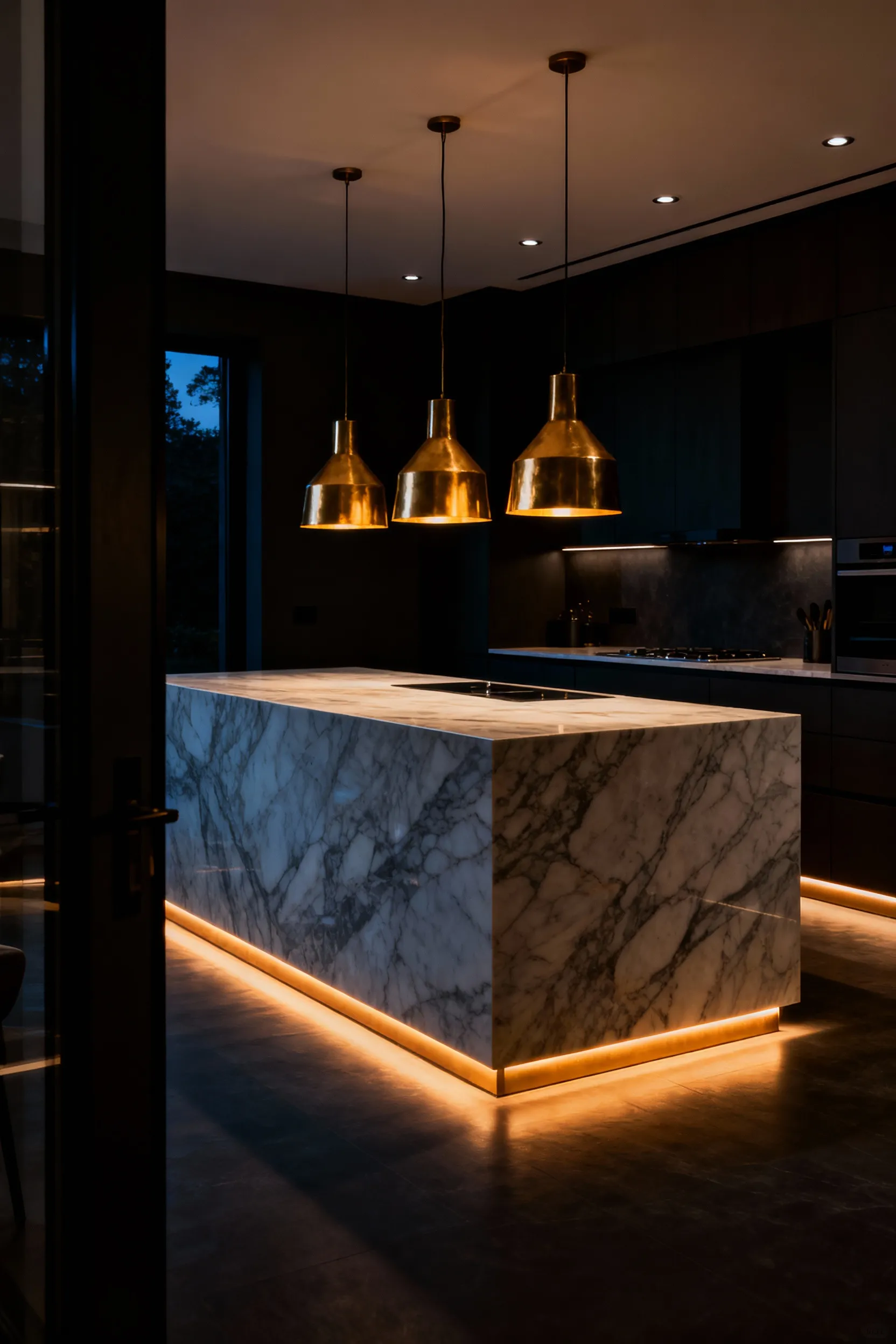 A luxurious kitchen island demonstrating zoned lighting; warm, dimmed pendant lights anchor the island area while ambient recessed lighting remains off, illustrating the transition from prep light to party mood.