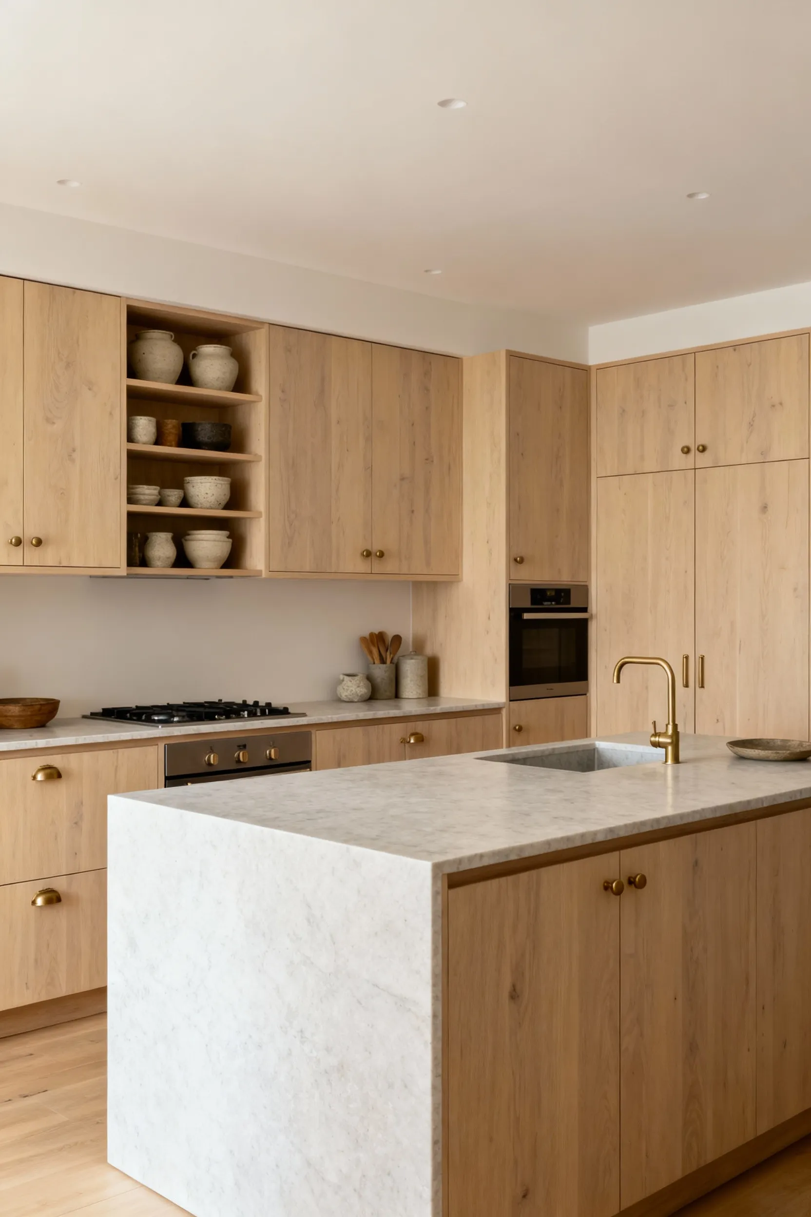 Scandinavian kitchen with Lagom design proportions, featuring blonde wood cabinets, honed quartzite island, and patinated brass accents, bathed in natural light, showcasing balanced and harmonious interior design.
