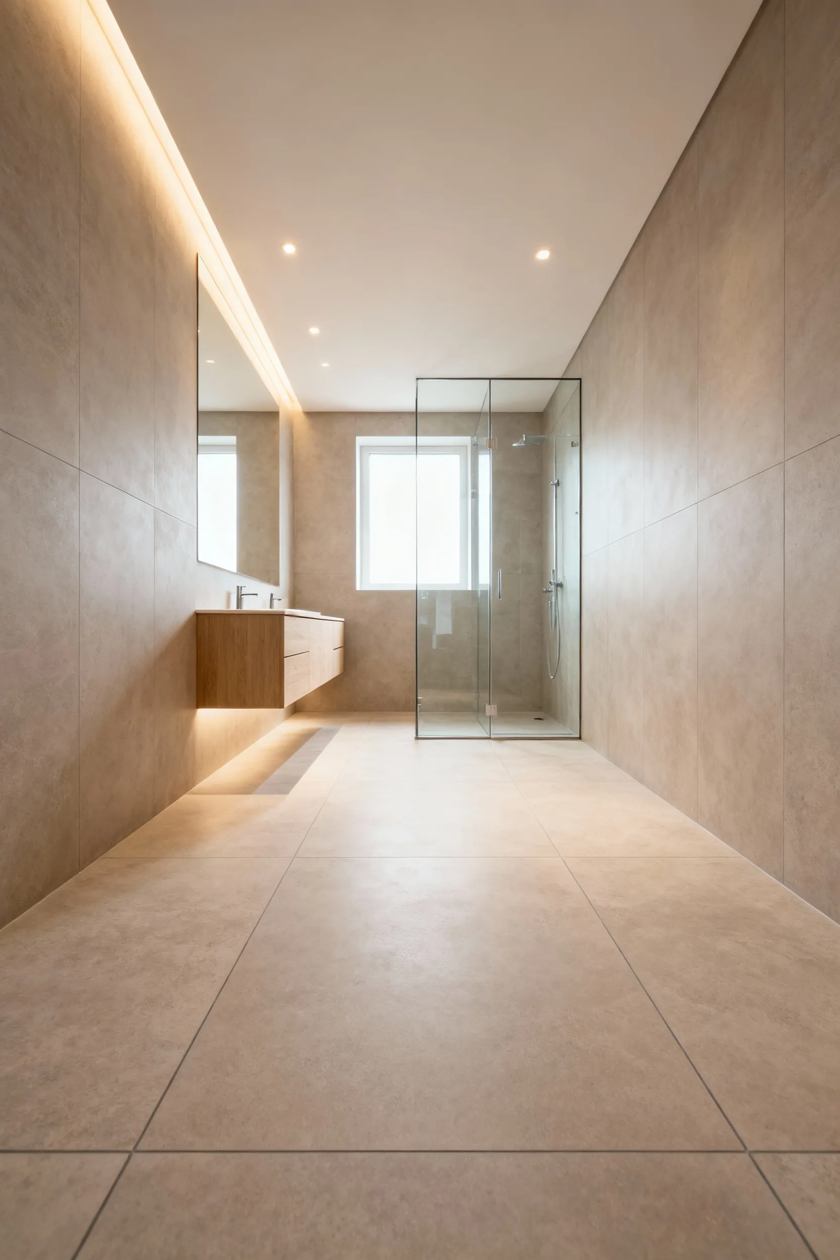 A spa-like modern bathroom showcasing large-format matte gray porcelain tiles on the floor and lower walls, demonstrating a seamless, monolithic aesthetic that minimizes visible grout lines.