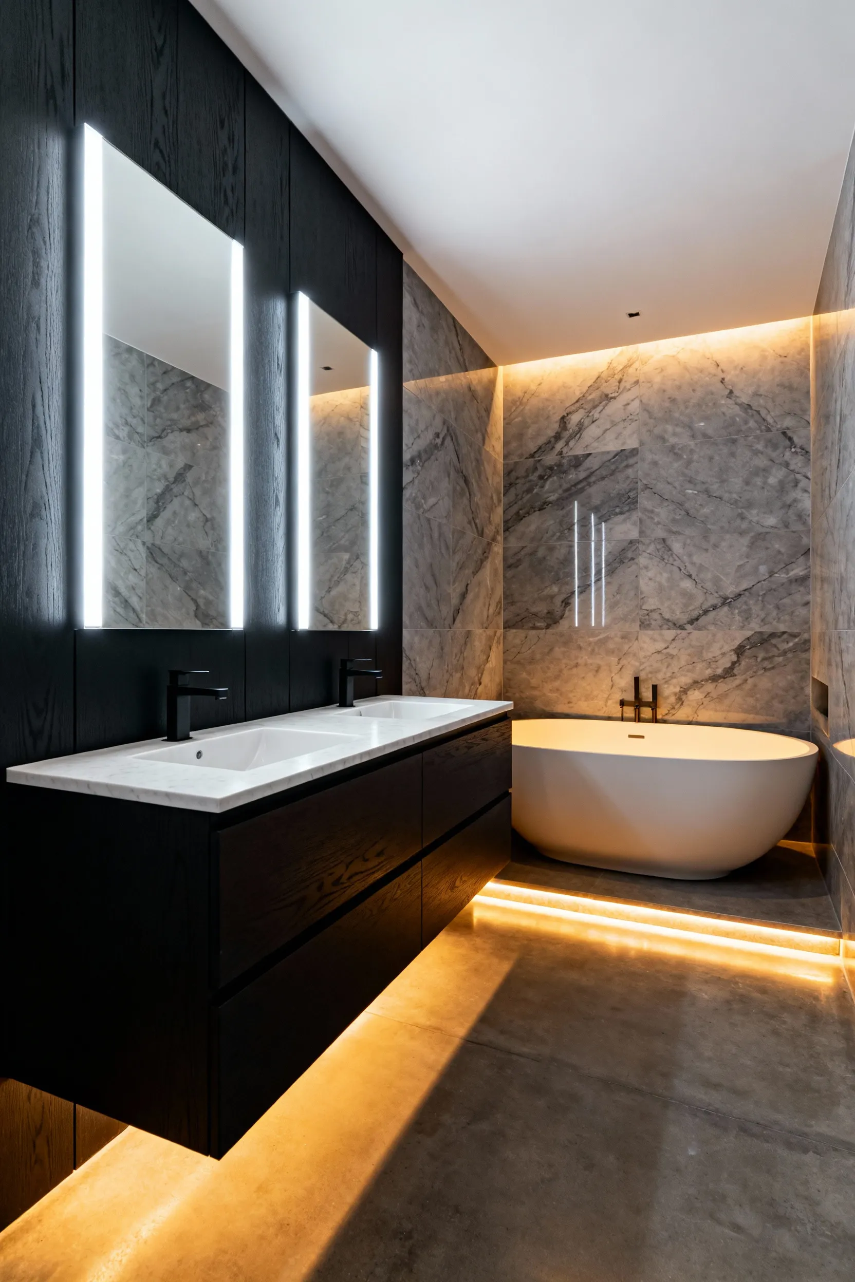 Luxury bathroom featuring layered lighting design, showing cool white 4500K task lighting at the double vanity contrasting strongly with warm 2700K ambient cove lighting surrounding the soaking tub.