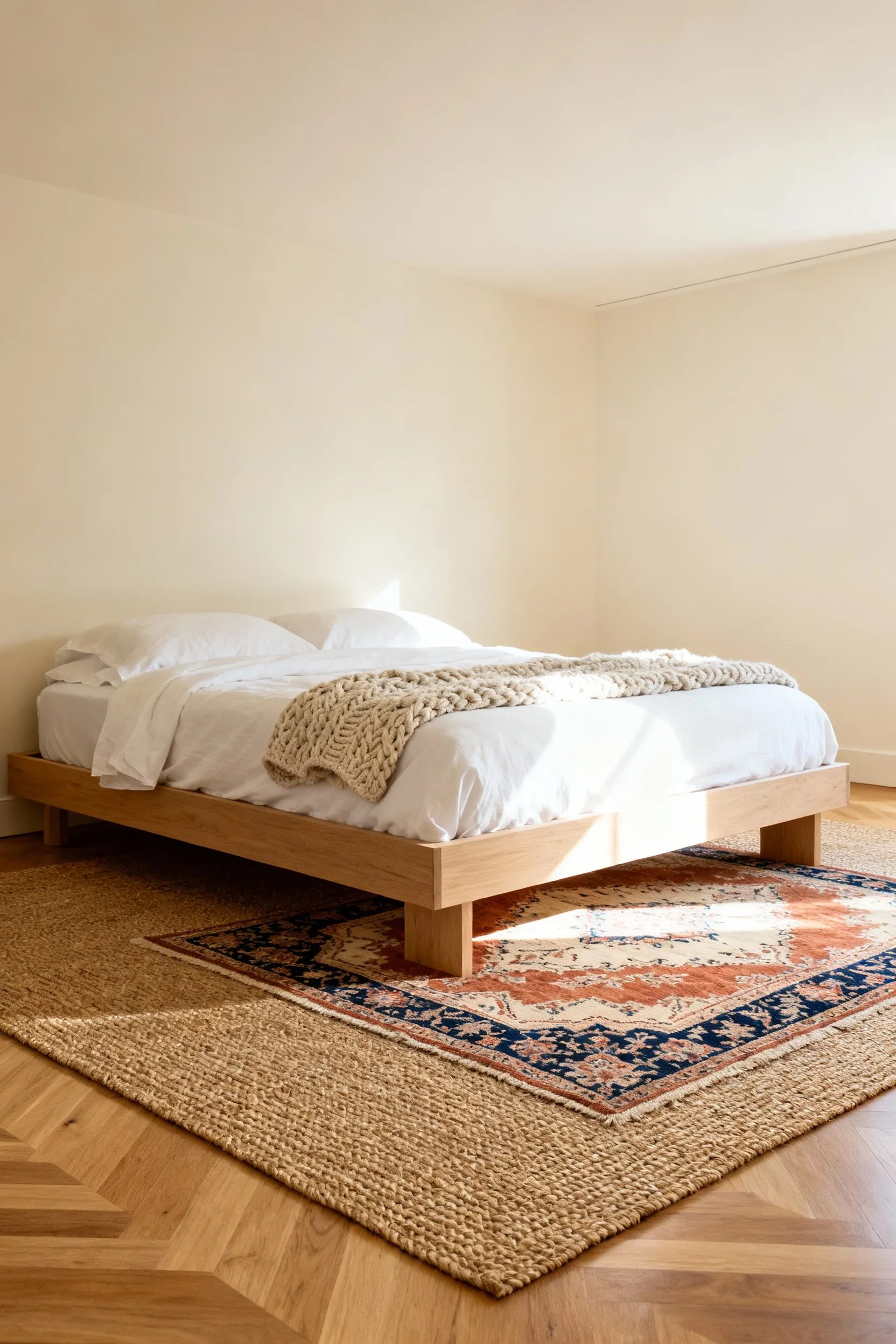 Layered bedroom rugs featuring a large jute rug beneath a vintage Persian rug, demonstrating the 18-inch rule for proper bedroom rug sizing and scale.