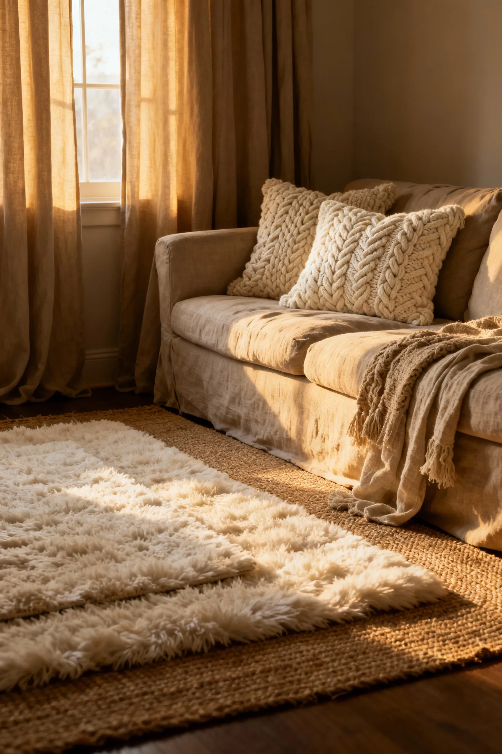 A cozy living room corner showcasing layered soft goods like thick wool rugs and various textured cushions to create a warm, sensory sanctuary.