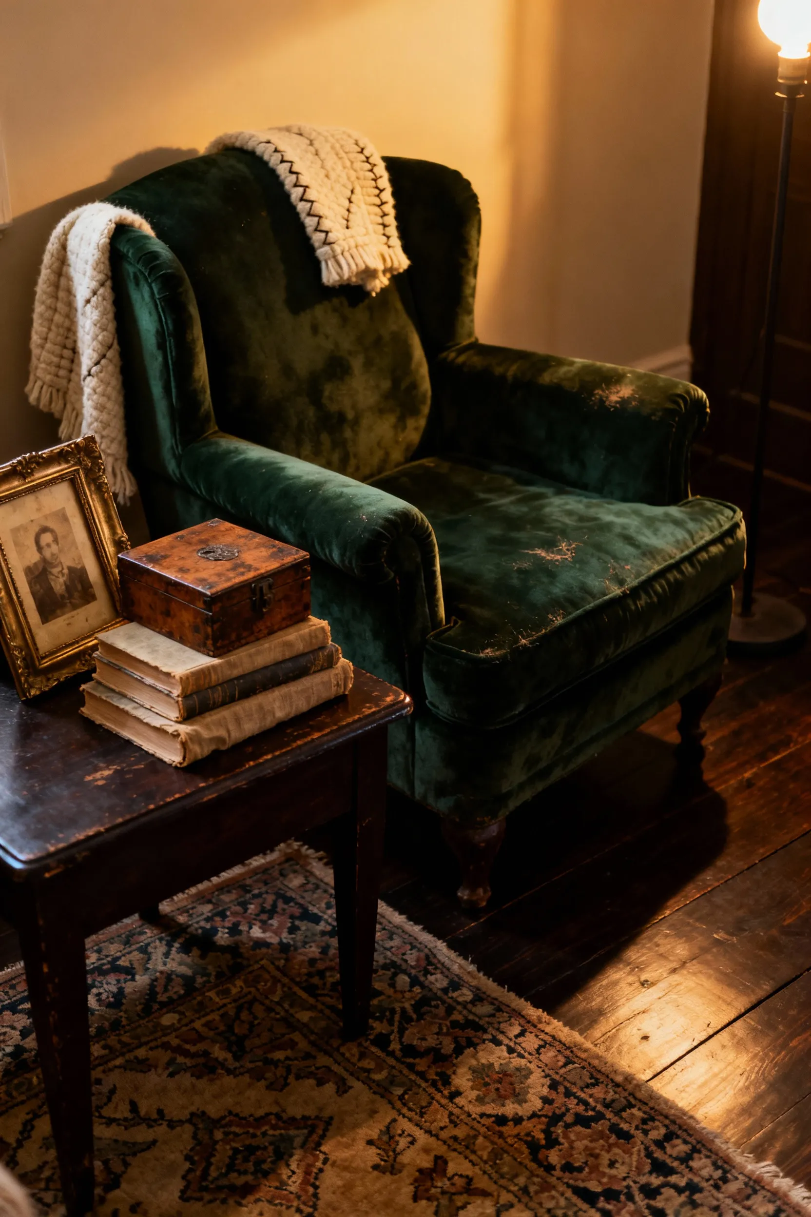 A richly textured, cozy living room corner featuring a worn forest-green velvet armchair, personal mementos on a side table, and soft, warm interior lighting, illustrating emotional depth achieved through aging fabrics and collected items.
