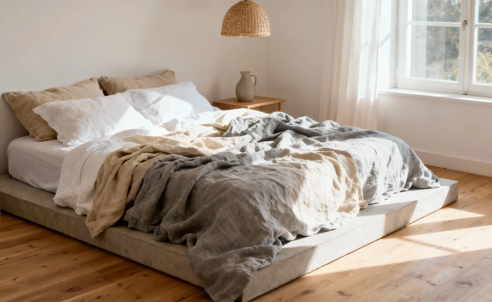 A rumpled bed layered with high-quality, textured natural linen sheets in grey and white tones, showcasing the durable and breathable foundation for a stylish wabi-sabi bedroom aesthetic.