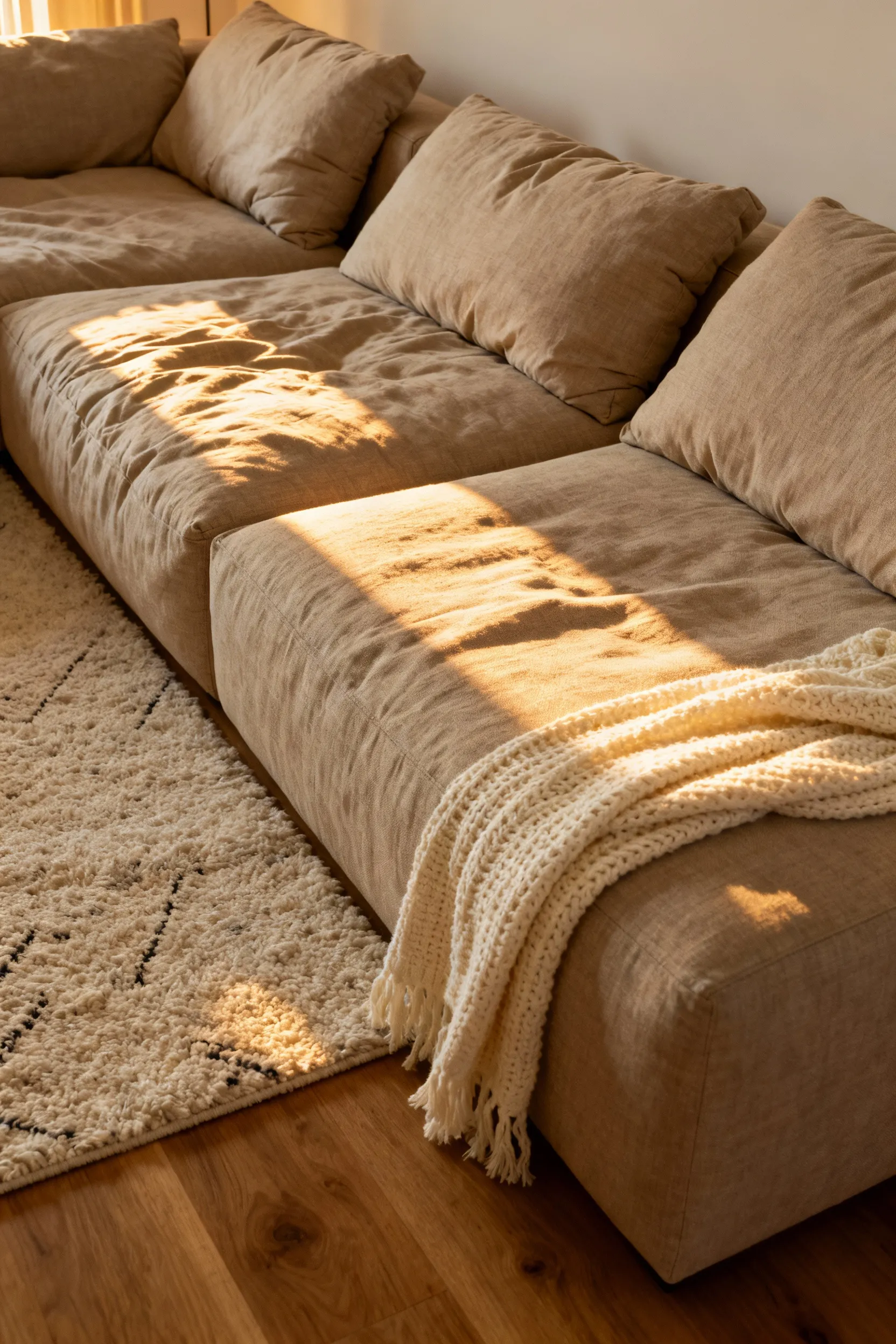 An empty, oversized, extra-deep sectional sofa upholstered in textured oatmeal fabric, sitting low to the floor in a cozy, sunlit living room, emphasizing comfortable lounging architecture.