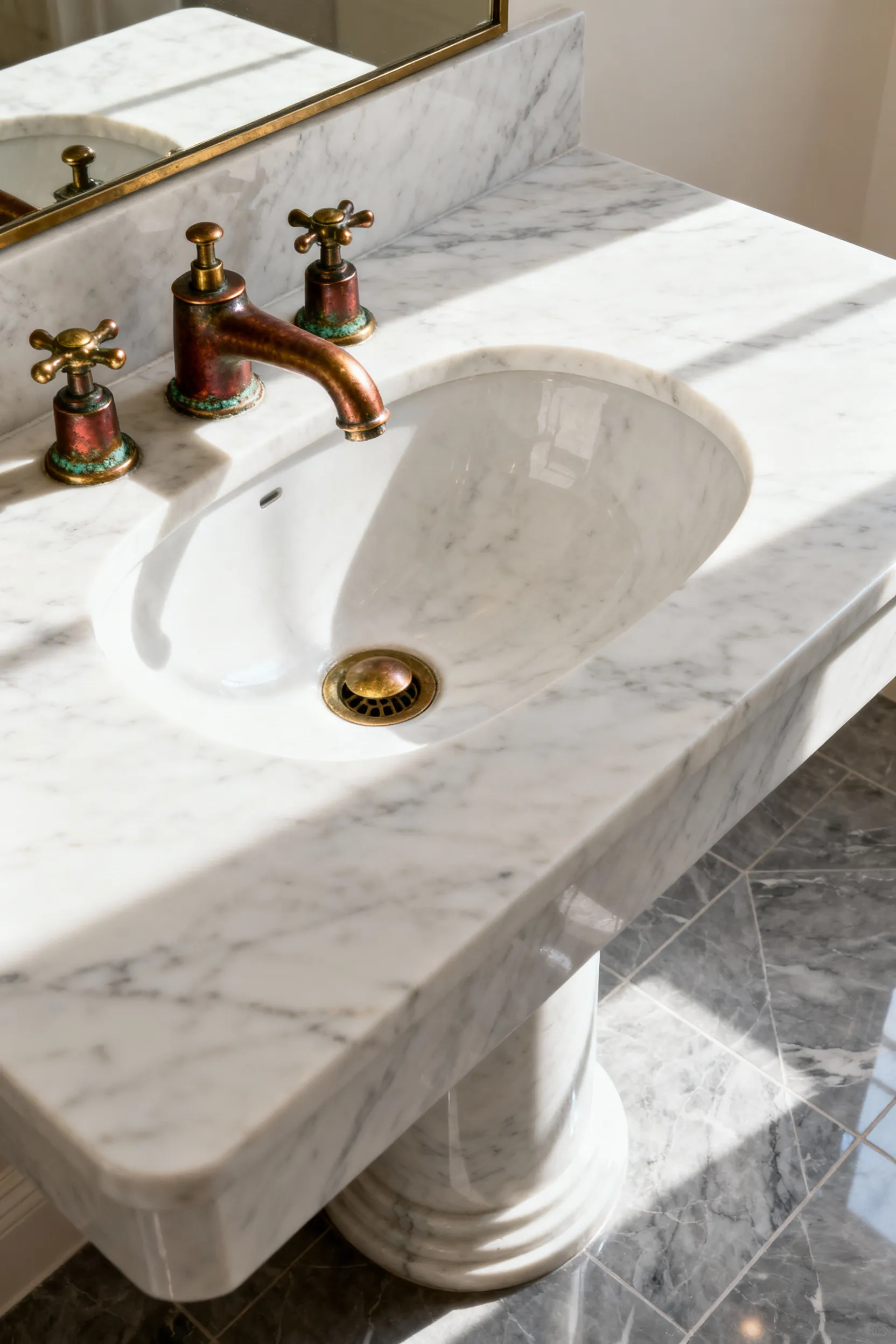 Marble vanity in a luxury bathroom featuring an unlacquered brass faucet with visible green and brown protective patina, contrasting with the smooth polished marble flooring.