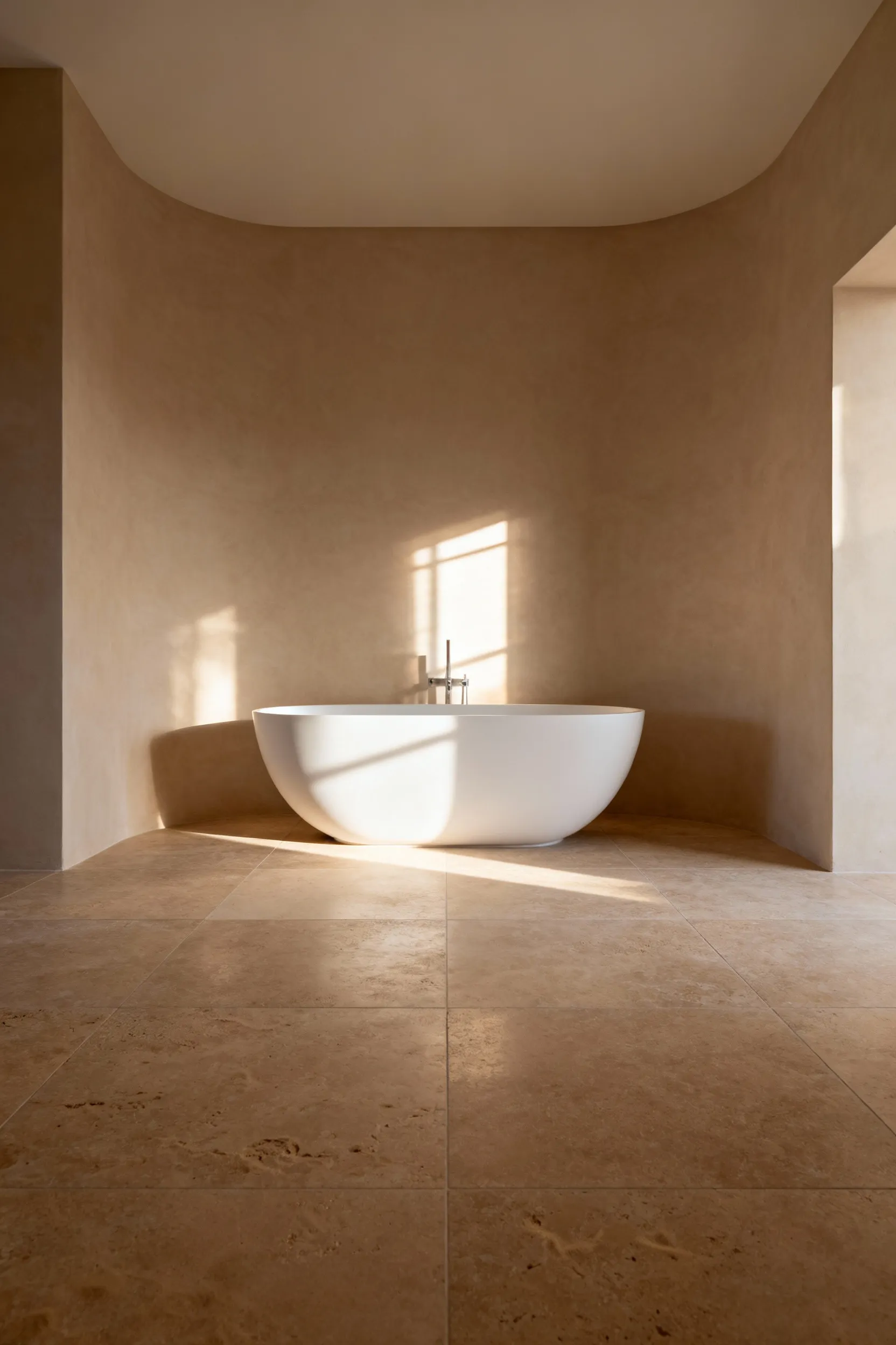 Expansive, warm taupe brushed limestone flooring setting a serene tone in a high-end spa bathroom with a minimalist freestanding tub, emphasizing texture and sensory quality.