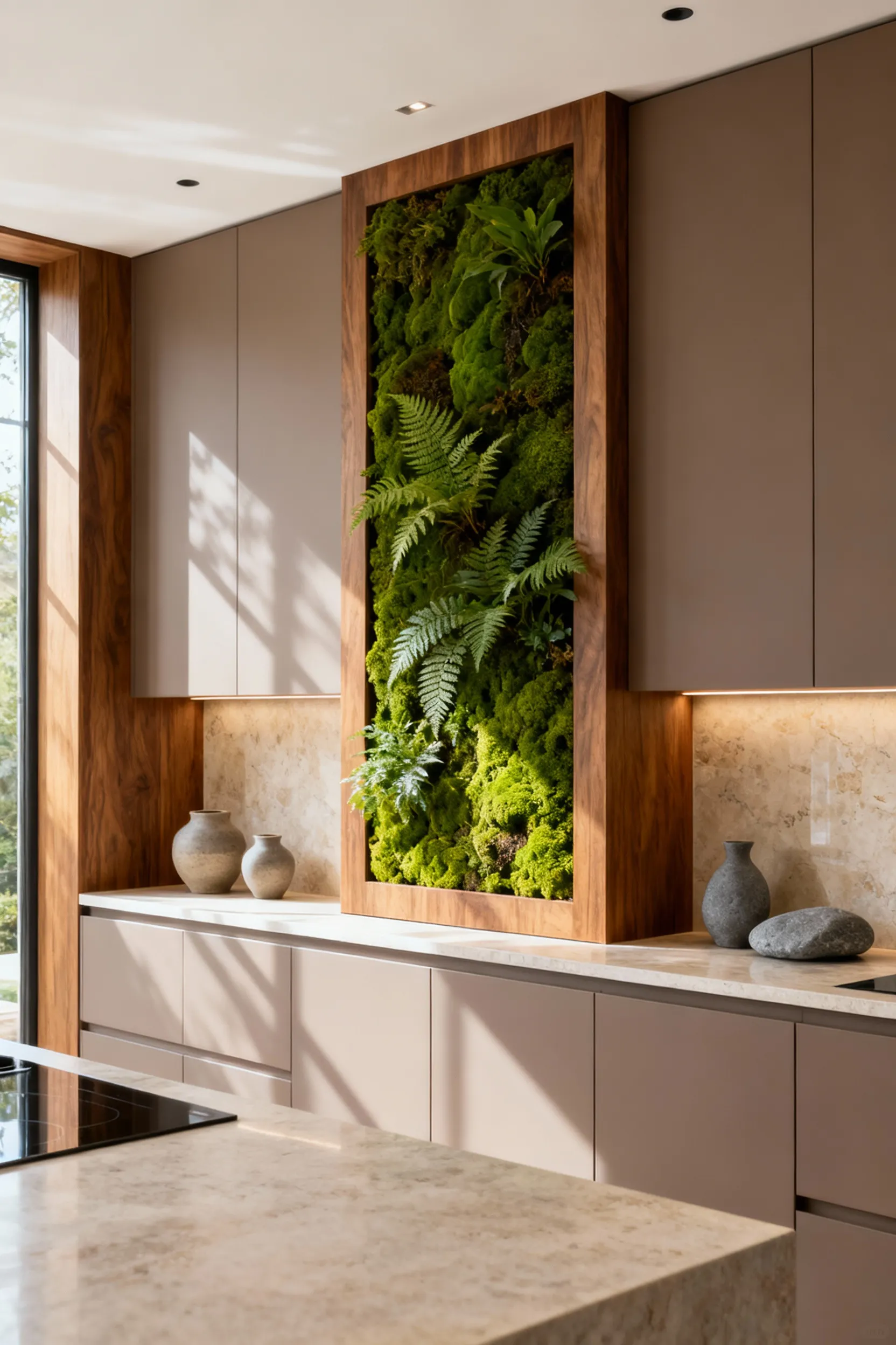 Luxury kitchen wall decor ideas showcasing biophilic design with an integrated vertical preserved moss garden and warm wood shelving over a honed travertine countertop, bathed in soft daylight.
