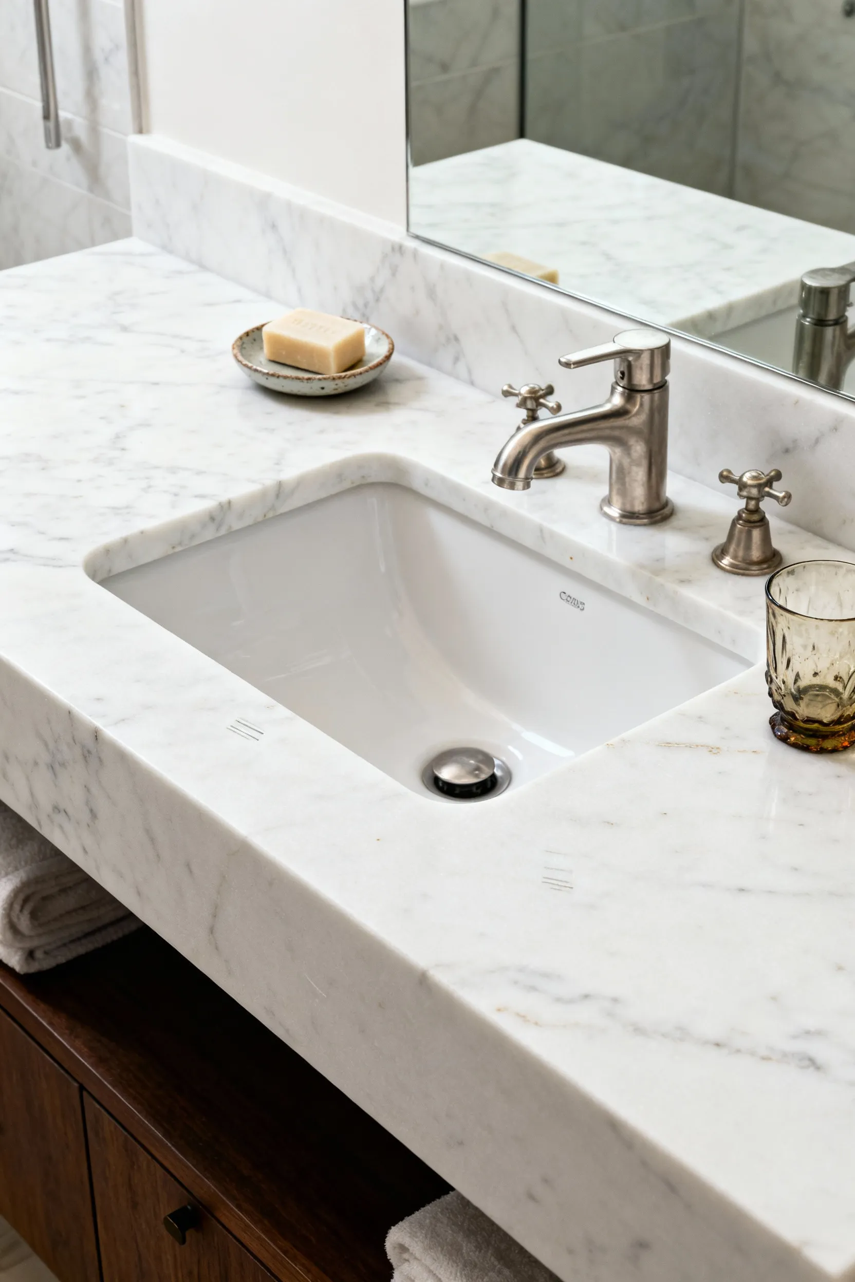 A photograph showing a Calacatta marble bathroom vanity countertop displaying a soft, satiny living finish and subtle patina from daily use.