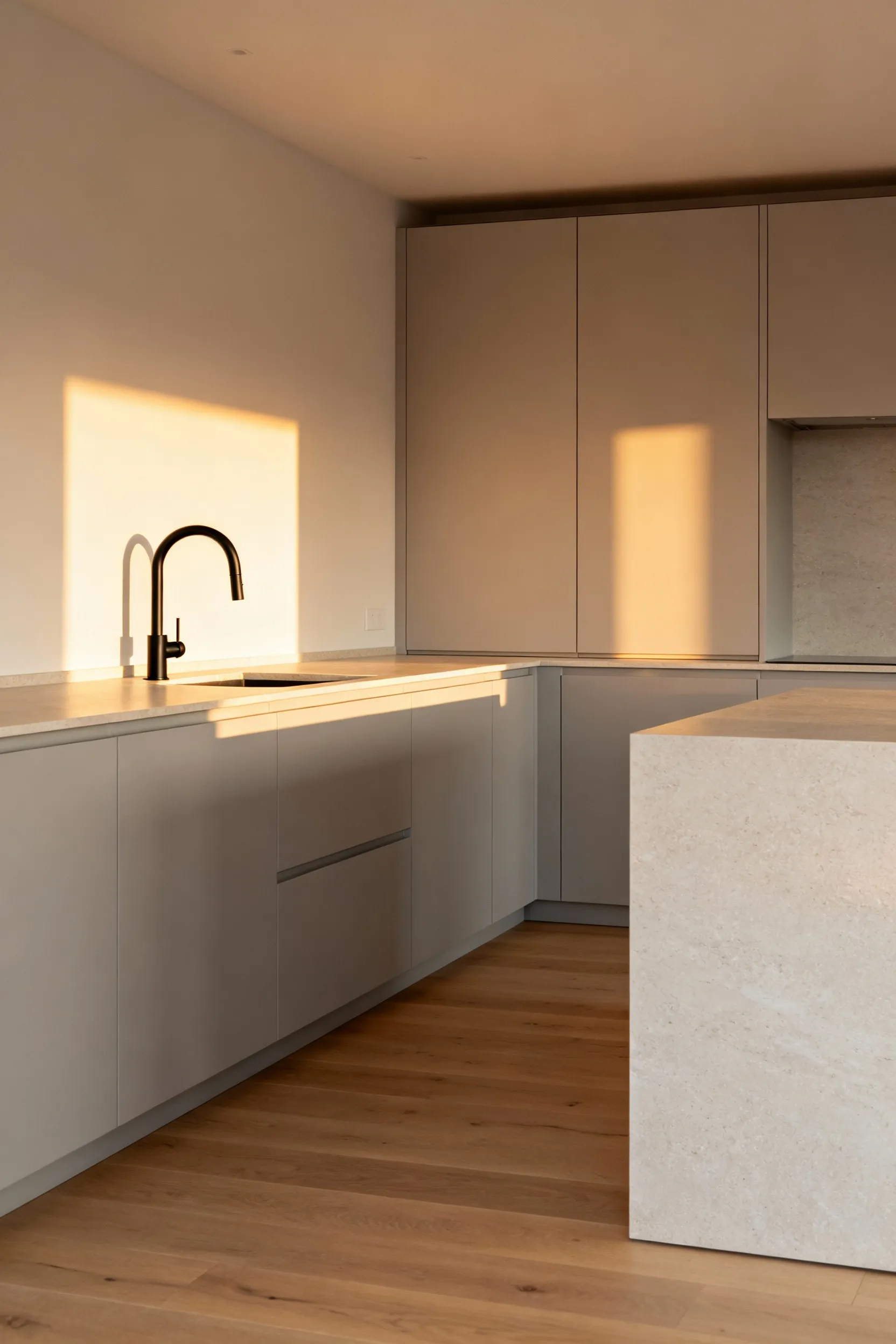 Scandinavian kitchen with matte light grey cabinets, honed quartz countertop, matte black faucet, and pale oak floor. The image highlights non-reflective surfaces under soft natural light.