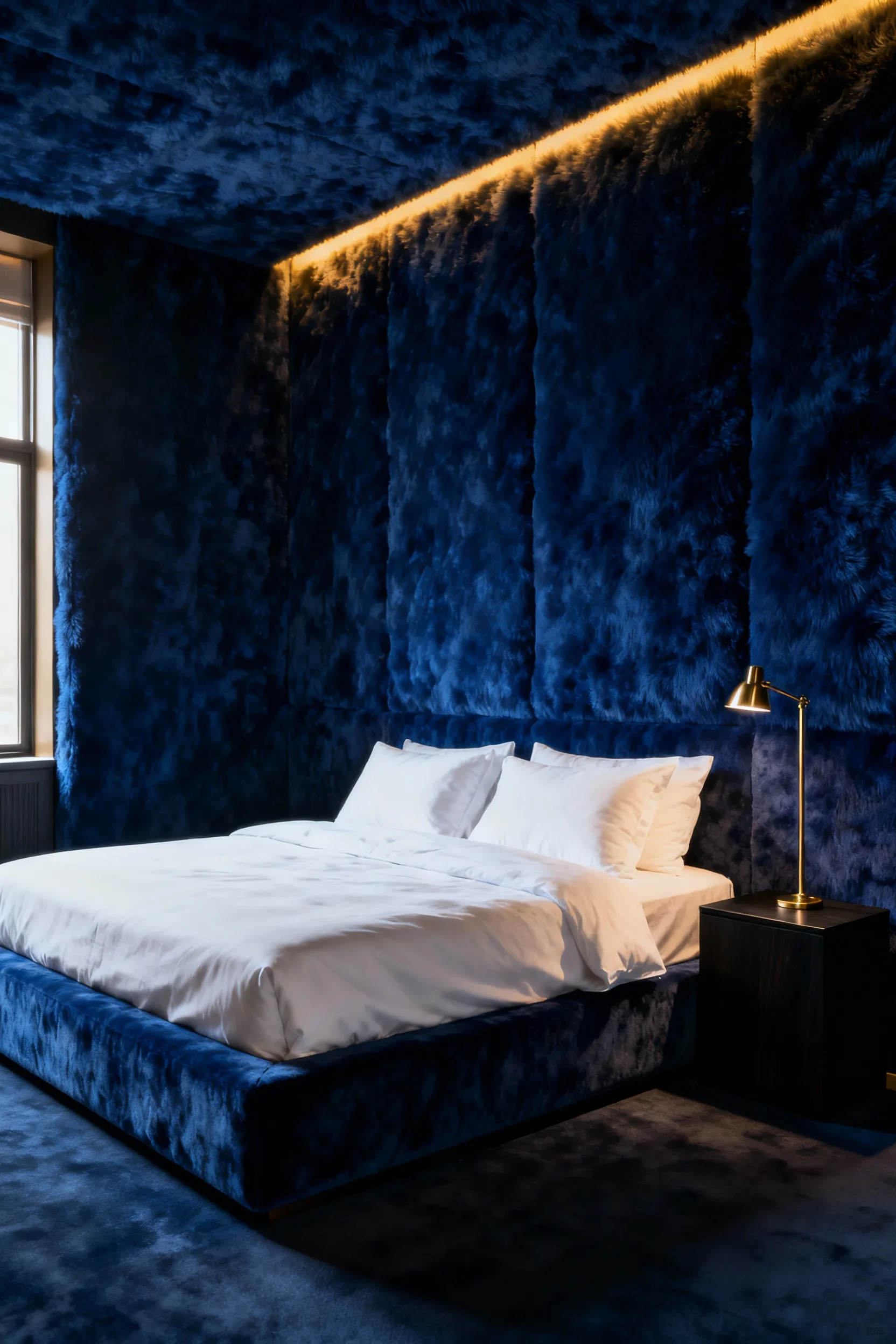 A luxurious bedroom featuring walls upholstered in deep midnight blue velvet acoustic panels, contrasting with a platform bed dressed in white linen, demonstrating a tranquil, sound-dampening interior design concept.
