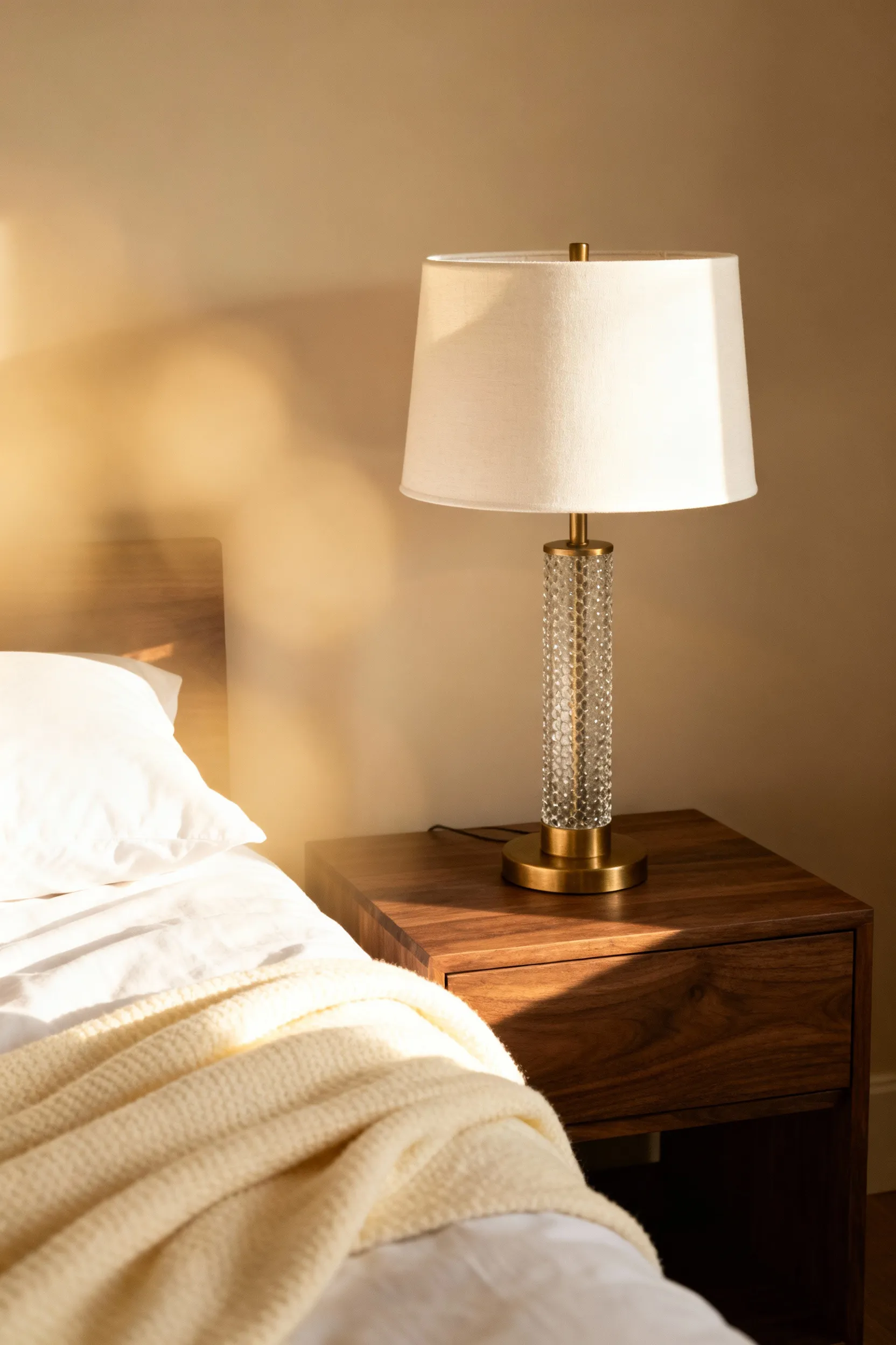 A warm, diffused ambient glow cast by a mixed material table lamp featuring a linen shade and a brass and glass base in a modern bedroom setting.