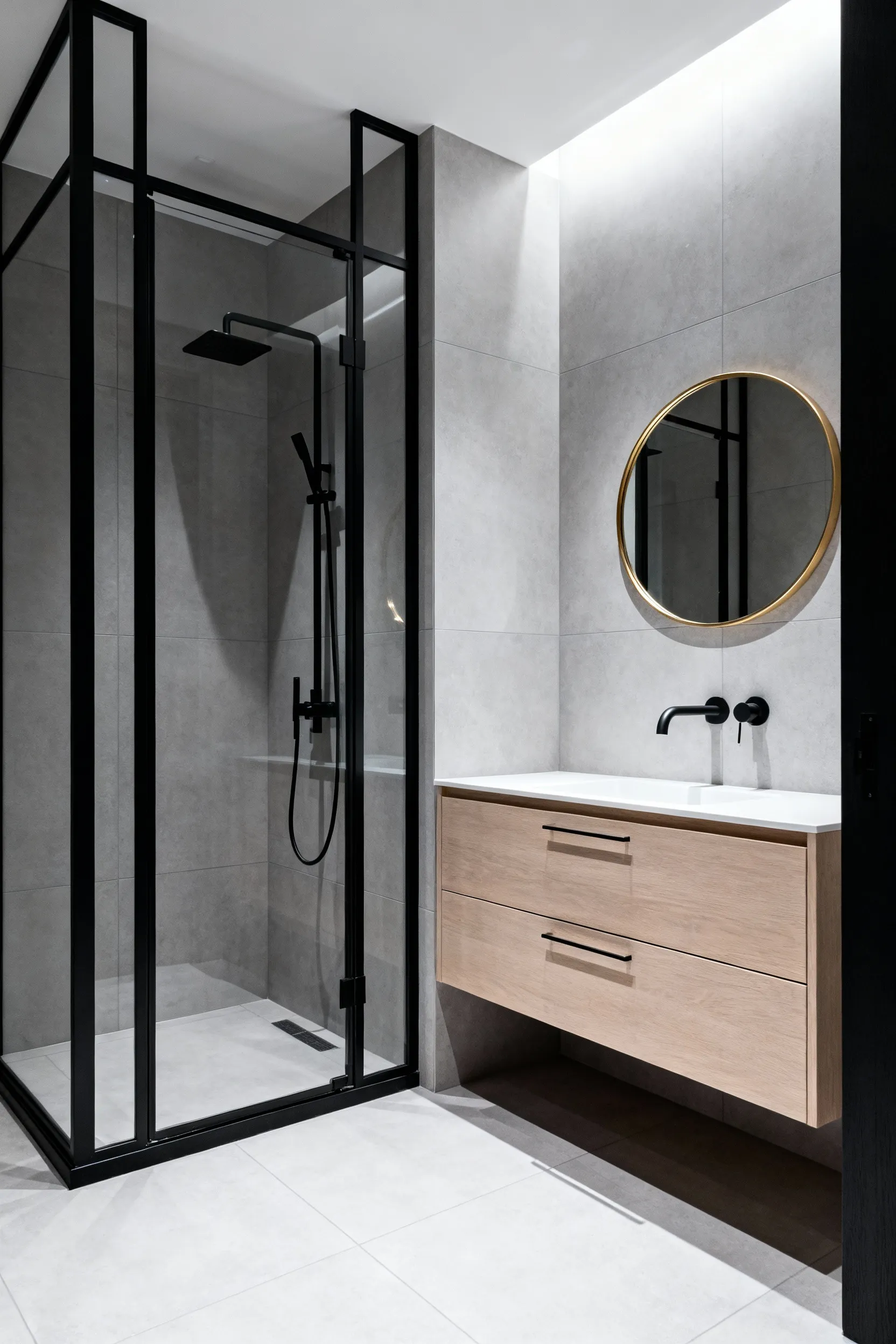 Modern minimalist bathroom featuring matte black architectural shower hardware and faucets paired dramatically with subtle brushed gold vanity pulls and mirror trim against light gray tiled walls.
