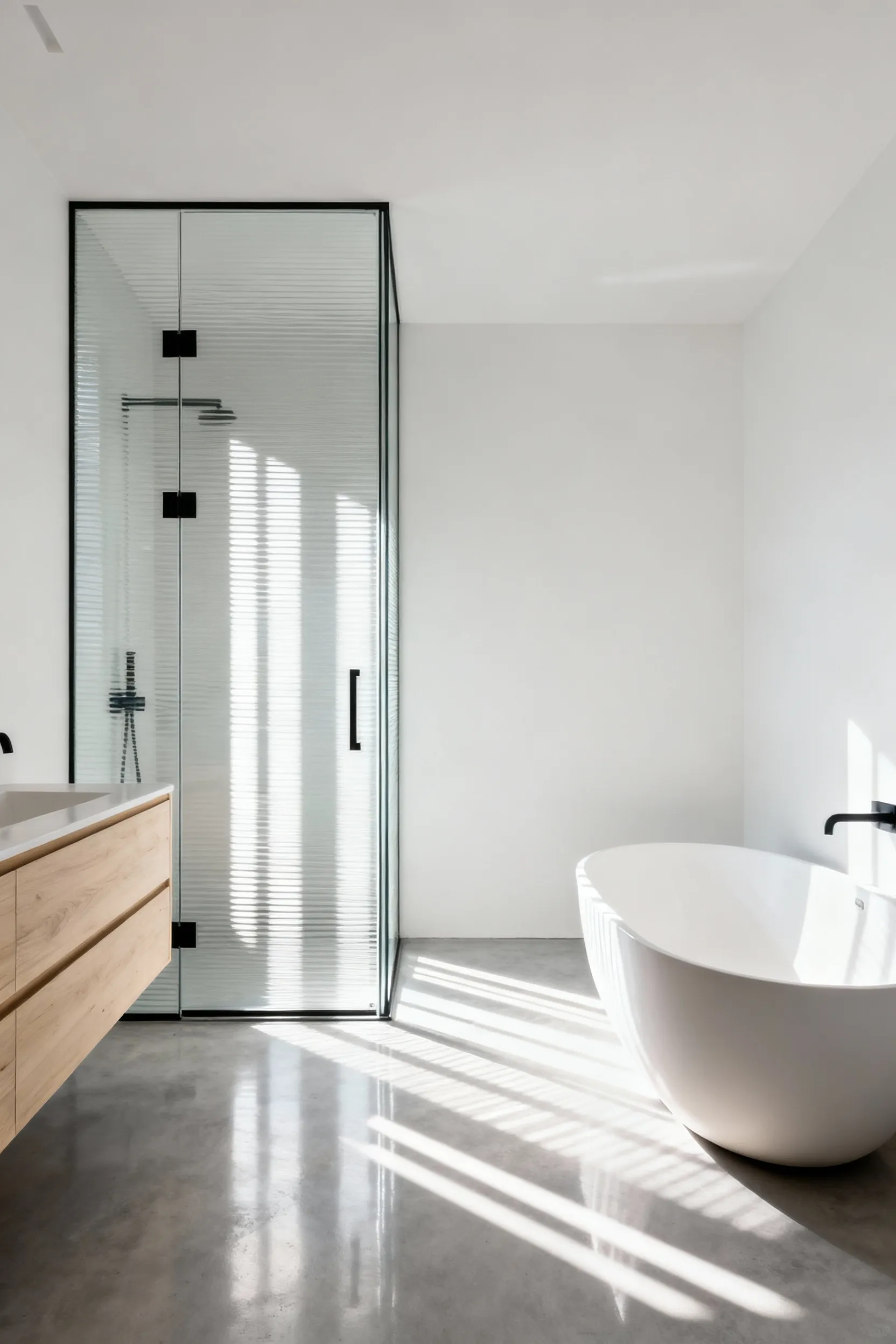 A bright modern bathroom featuring a walk-in shower enclosed by reeded glass panels, showing how the fluted texture refracts strong natural light into soft, vertical glowing stripes across the concrete floor.