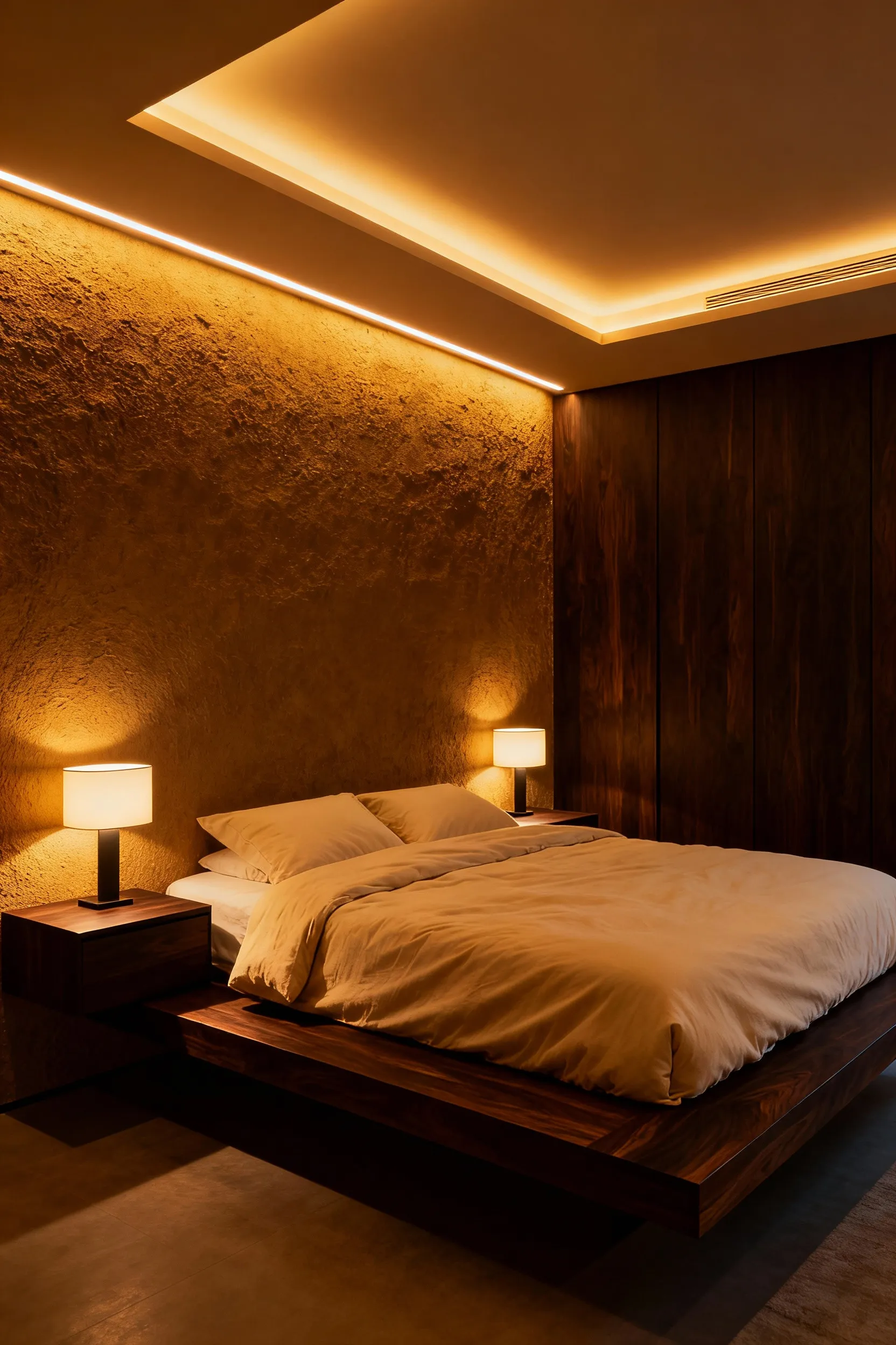 Luxurious modern bedroom featuring advanced Human-Centric Lighting (HCL) systems set to warm, melatonin-preserving amber tones for evening comfort and sleep preparation.