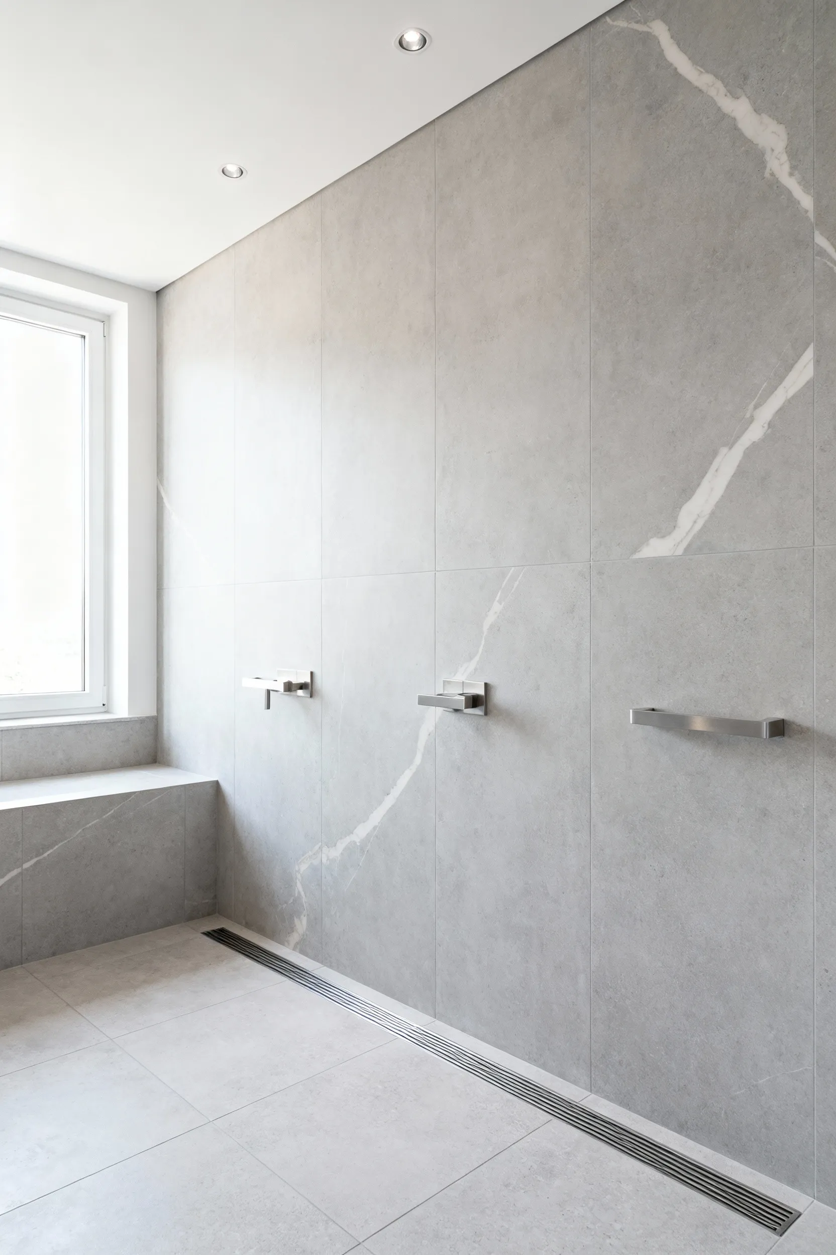 A modern, seamless walk-in shower featuring large-format light gray porcelain slabs covering the walls, demonstrating minimal grout lines for superior hygiene and a clean architectural aesthetic.
