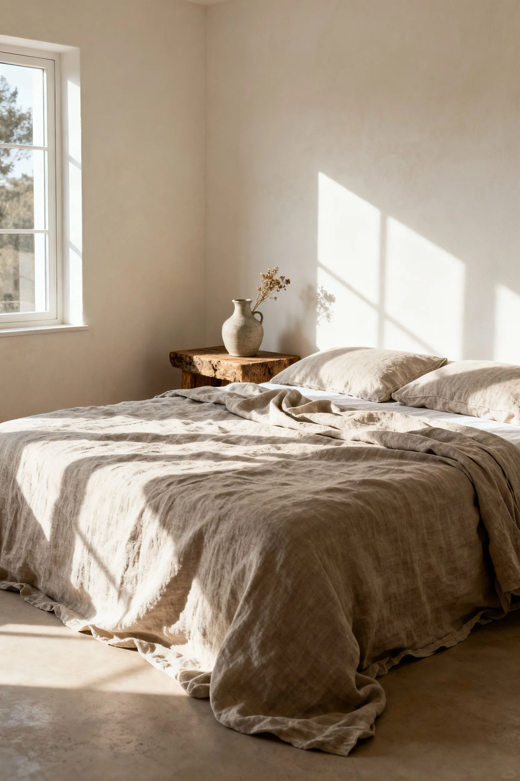 A wide photograph of a serene bedroom featuring a king bed dressed in natural flax linen bedding, highlighting its characteristic relaxed wrinkles and superior airy texture in soft morning light.